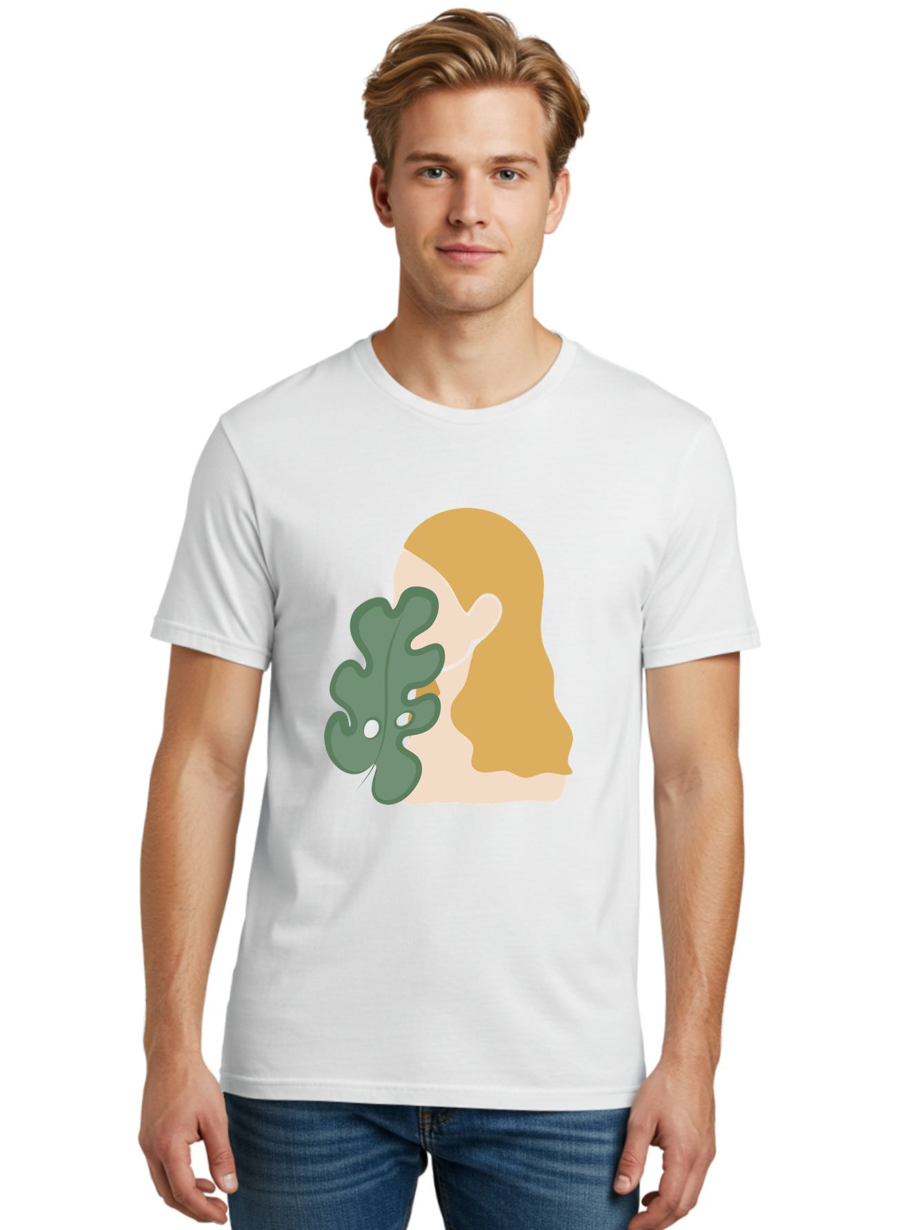 Woman-With-Leaf Men'S Graphic Tee, 100% Cotton, Comfortable Casual Summer Wear, Machine Washable, Woman Holding Leaf, Abstract Art, Minimalist Design, Green Leaves, Long Hair, Digital Illustration, Modern Artwork, Creative Portrait Aae075