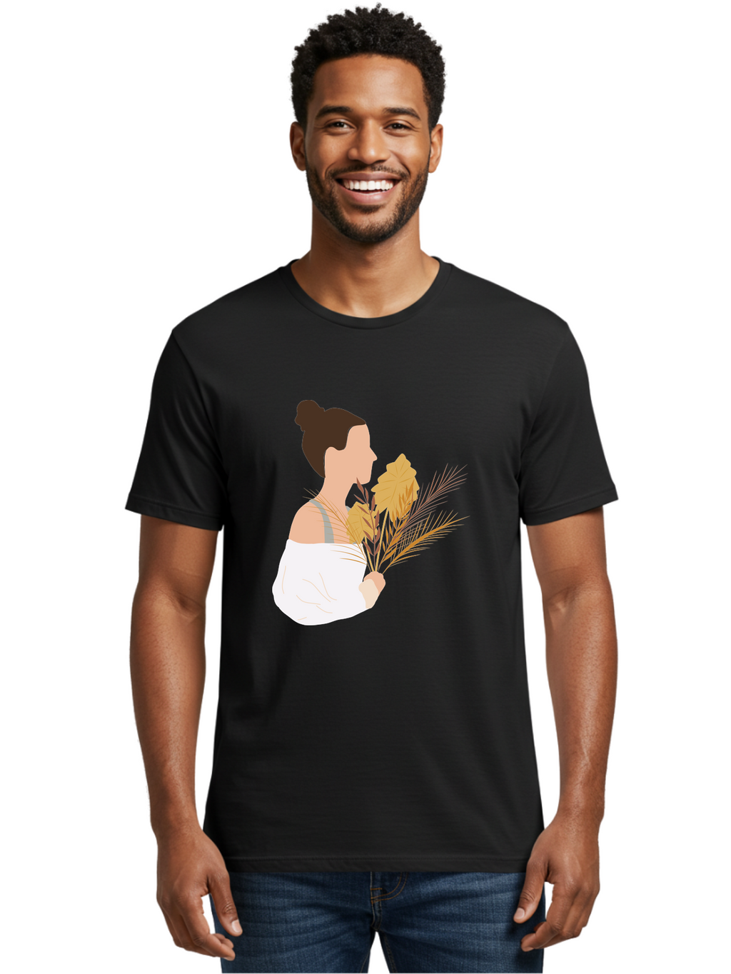 Woman-With-Leaves-1 Men'S Graphic Tee, 100% Cotton, Comfortable Casual Summer Wear, Machine Washable, Woman With Brown Hair Bun, White Shirt, Holding Plants, Golden Leaves, Green Stems, Relaxed Atmosphere, Natural Beauty, Bohemian Style, Aae076