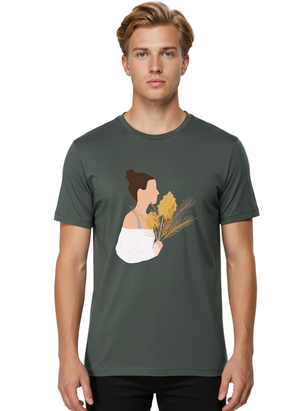 Woman-With-Leaves-1 Men'S Graphic Tee, 100% Cotton, Comfortable Casual Summer Wear, Machine Washable, Woman With Brown Hair Bun, White Shirt, Holding Plants, Golden Leaves, Green Stems, Relaxed Atmosphere, Natural Beauty, Bohemian Style, Aae076