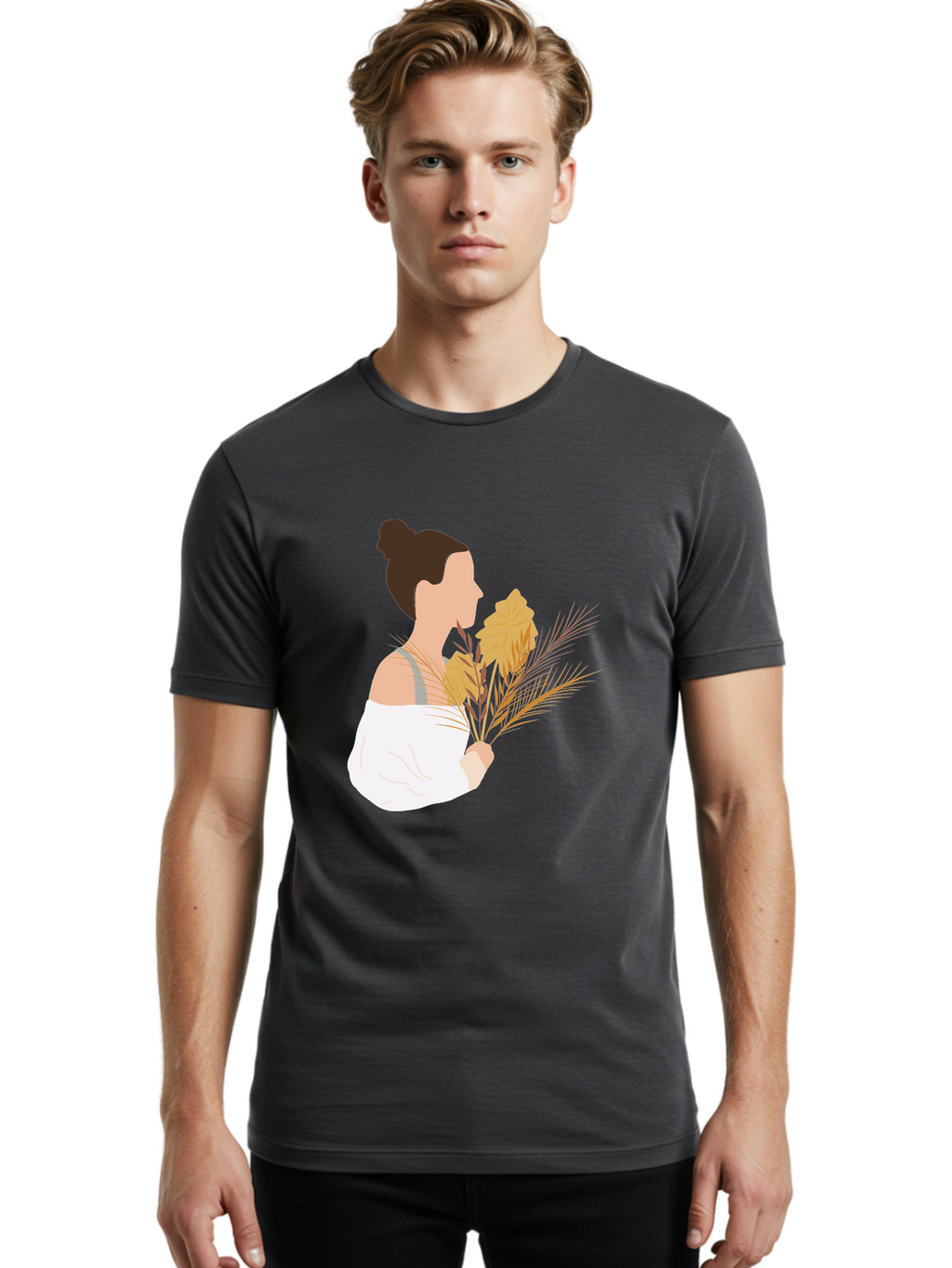 Woman-With-Leaves-1 Men'S Graphic Tee, 100% Cotton, Comfortable Casual Summer Wear, Machine Washable, Woman With Brown Hair Bun, White Shirt, Holding Plants, Golden Leaves, Green Stems, Relaxed Atmosphere, Natural Beauty, Bohemian Style, Aae076