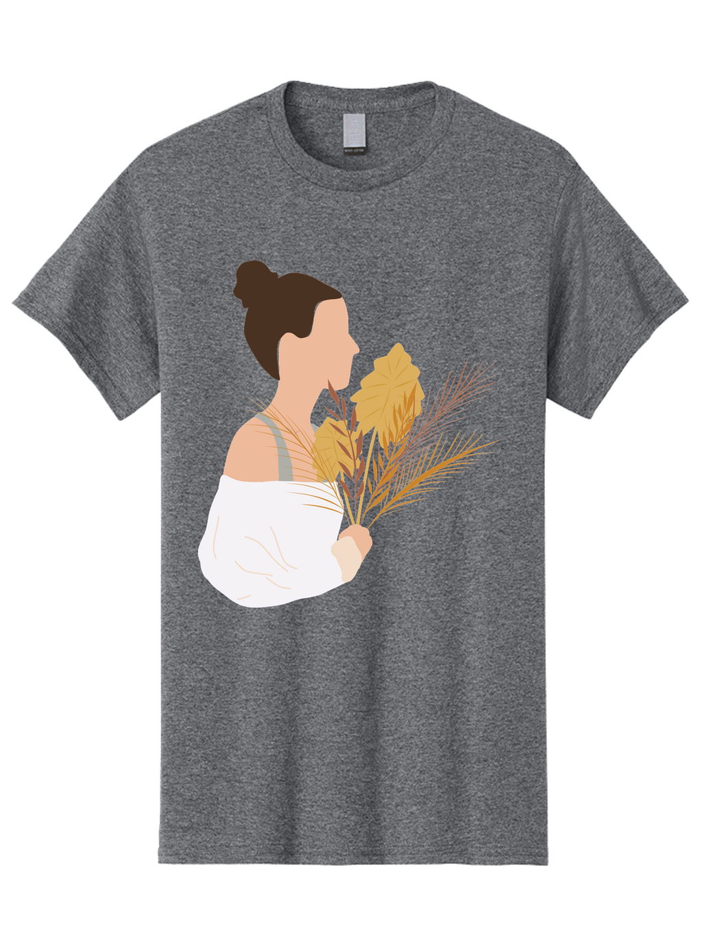 Woman-With-Leaves-1 Men'S Graphic Tee, 100% Cotton, Comfortable Casual Summer Wear, Machine Washable, Woman With Brown Hair Bun, White Shirt, Holding Plants, Golden Leaves, Green Stems, Relaxed Atmosphere, Natural Beauty, Bohemian Style, Aae076