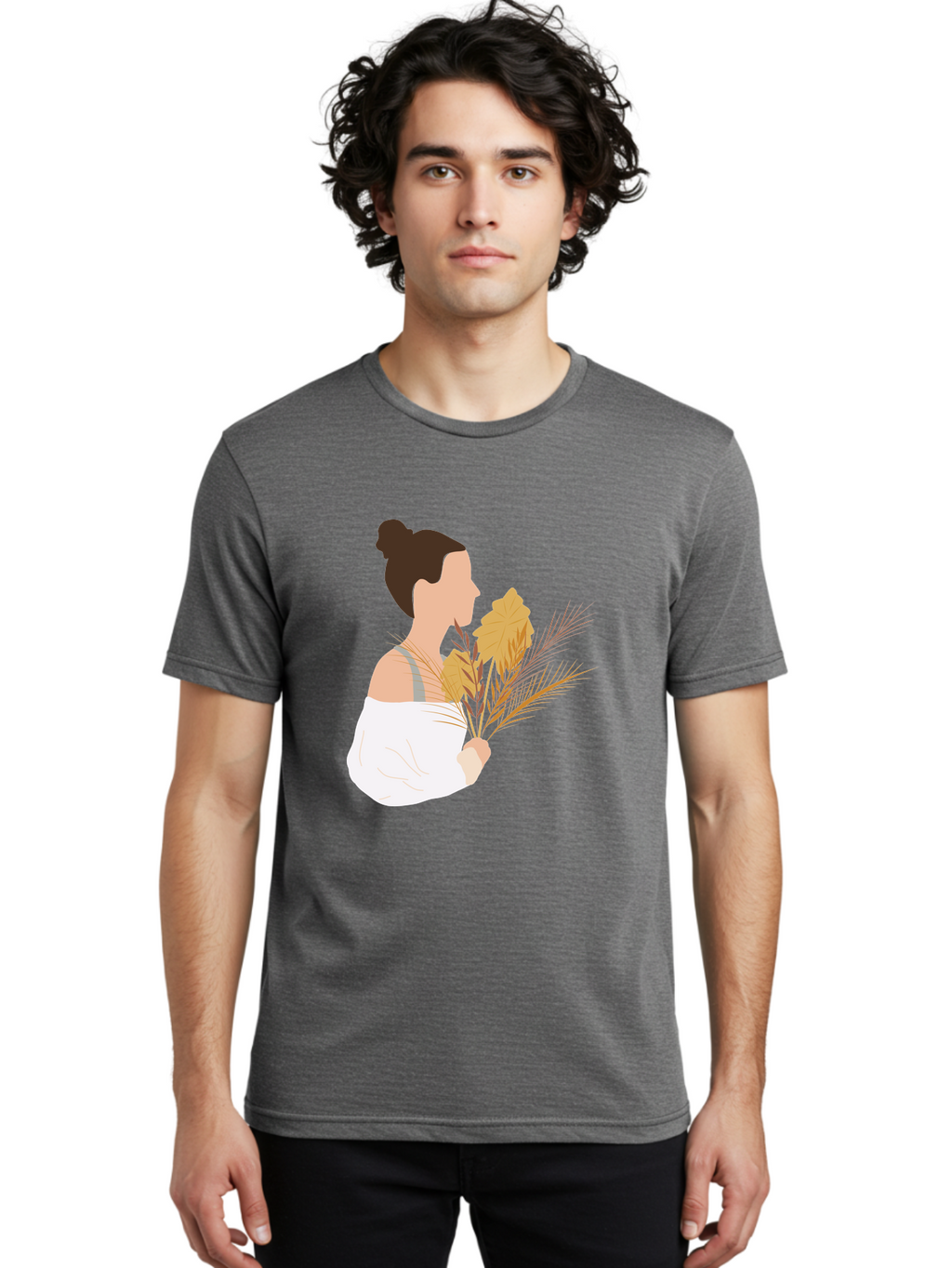 Woman-With-Leaves-1 Men'S Graphic Tee, 100% Cotton, Comfortable Casual Summer Wear, Machine Washable, Woman With Brown Hair Bun, White Shirt, Holding Plants, Golden Leaves, Green Stems, Relaxed Atmosphere, Natural Beauty, Bohemian Style, Aae076