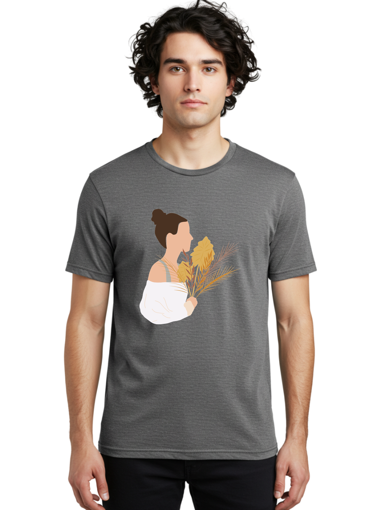 Woman-With-Leaves-1 Men'S Graphic Tee, 100% Cotton, Comfortable Casual Summer Wear, Machine Washable, Woman With Brown Hair Bun, White Shirt, Holding Plants, Golden Leaves, Green Stems, Relaxed Atmosphere, Natural Beauty, Bohemian Style, Aae076