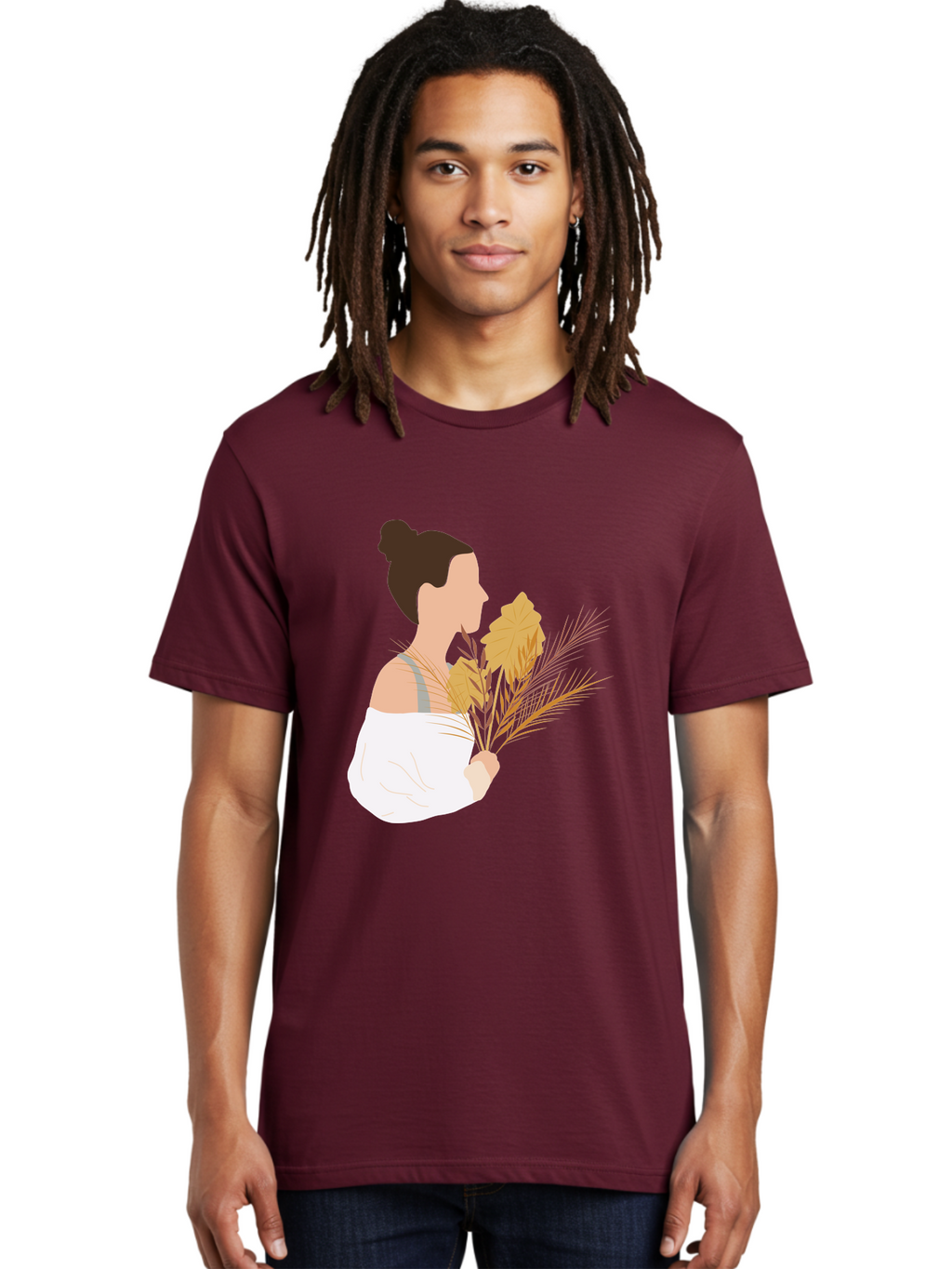 Woman-With-Leaves-1 Men'S Graphic Tee, 100% Cotton, Comfortable Casual Summer Wear, Machine Washable, Woman With Brown Hair Bun, White Shirt, Holding Plants, Golden Leaves, Green Stems, Relaxed Atmosphere, Natural Beauty, Bohemian Style, Aae076
