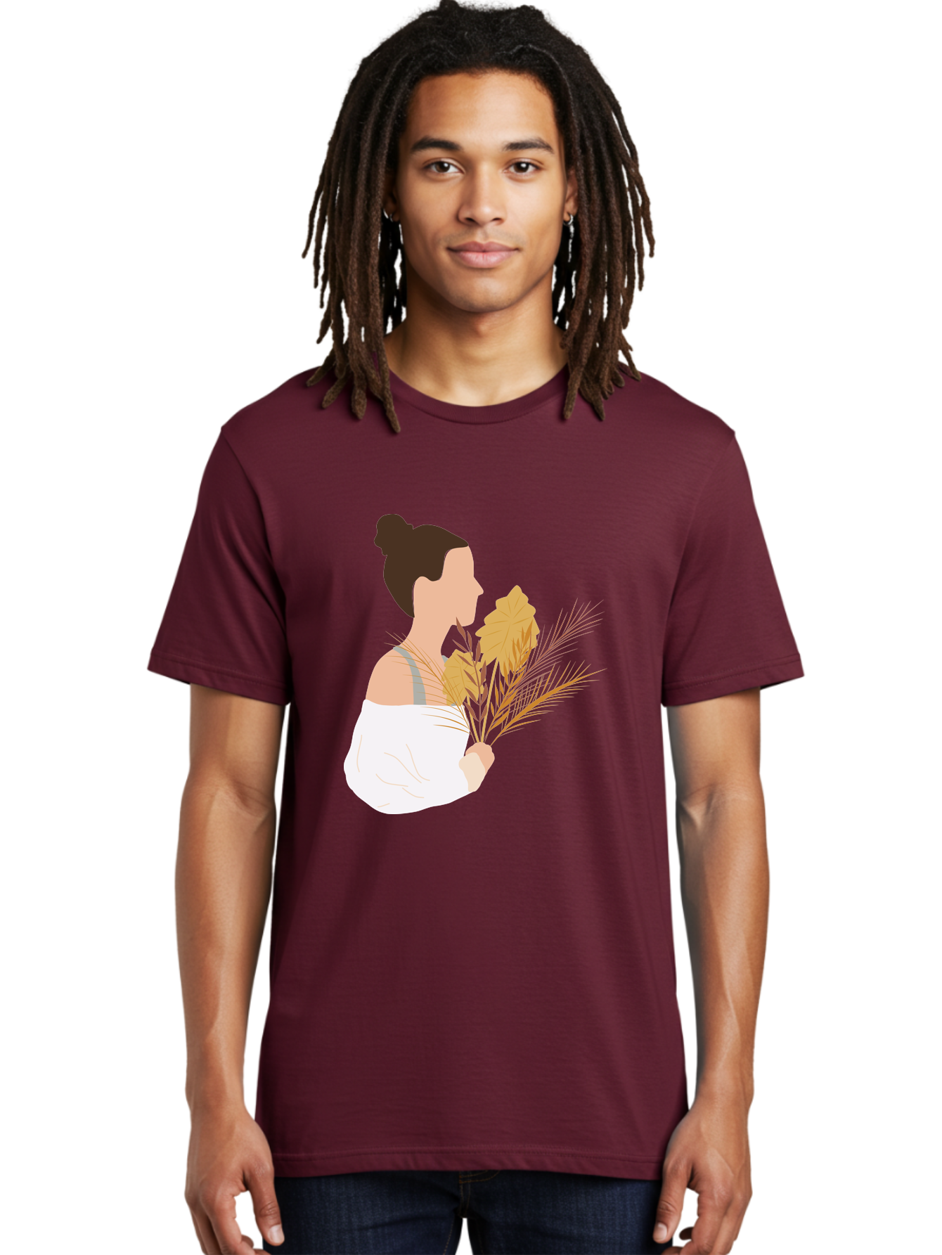 Woman-With-Leaves-1 Men'S Graphic Tee, 100% Cotton, Comfortable Casual Summer Wear, Machine Washable, Woman With Brown Hair Bun, White Shirt, Holding Plants, Golden Leaves, Green Stems, Relaxed Atmosphere, Natural Beauty, Bohemian Style, Aae076