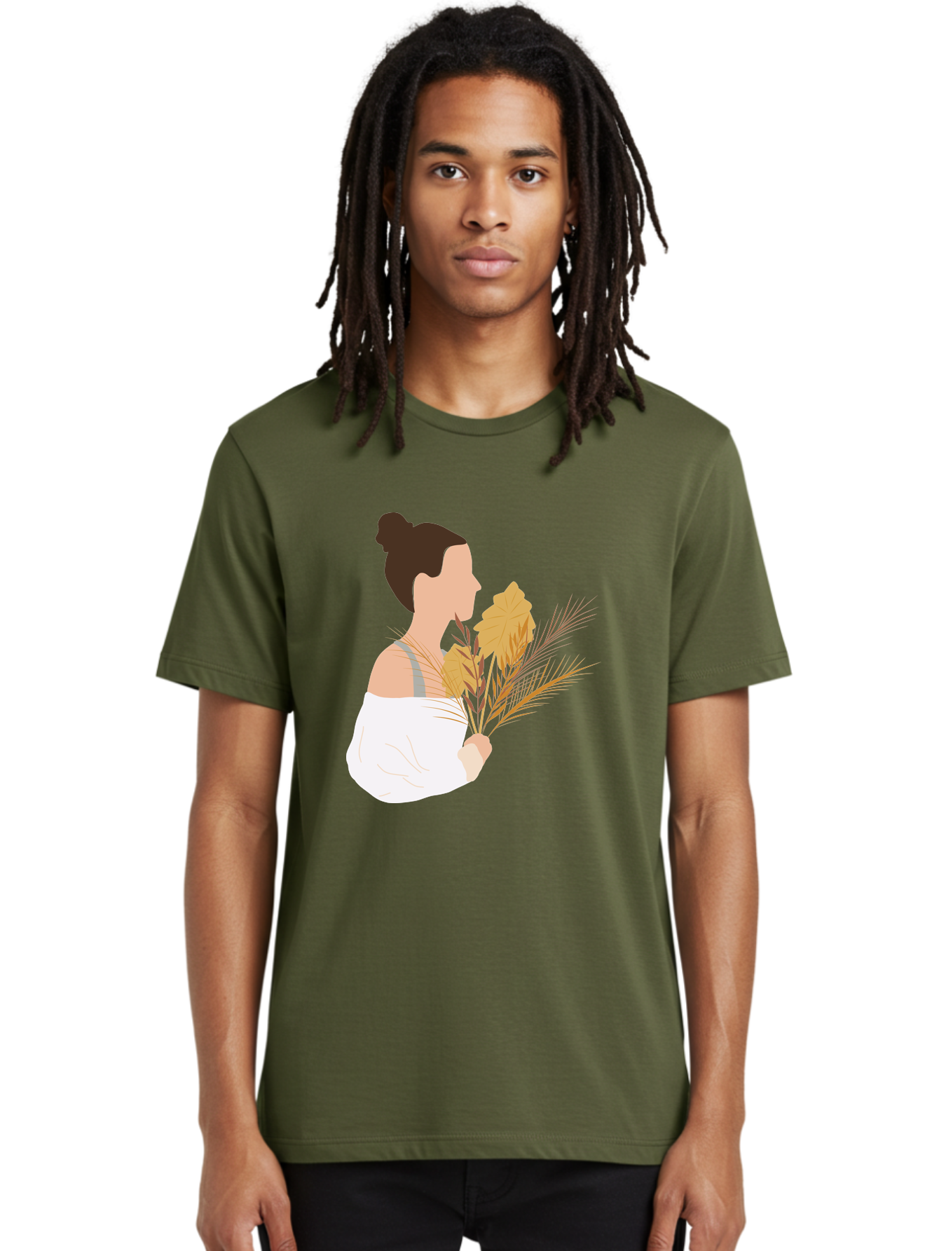 Woman-With-Leaves-1 Men'S Graphic Tee, 100% Cotton, Comfortable Casual Summer Wear, Machine Washable, Woman With Brown Hair Bun, White Shirt, Holding Plants, Golden Leaves, Green Stems, Relaxed Atmosphere, Natural Beauty, Bohemian Style, Aae076