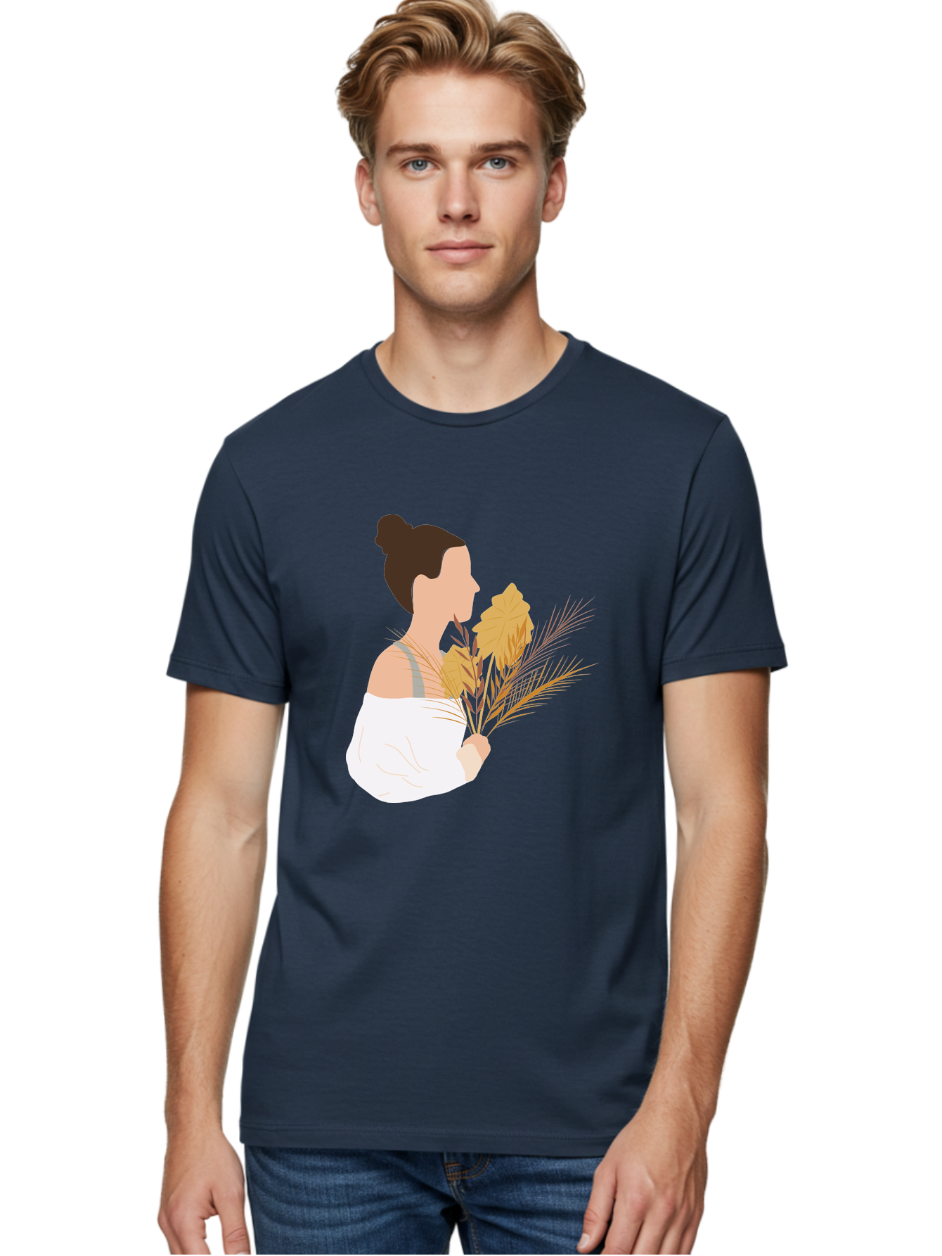Woman-With-Leaves-1 Men'S Graphic Tee, 100% Cotton, Comfortable Casual Summer Wear, Machine Washable, Woman With Brown Hair Bun, White Shirt, Holding Plants, Golden Leaves, Green Stems, Relaxed Atmosphere, Natural Beauty, Bohemian Style, Aae076