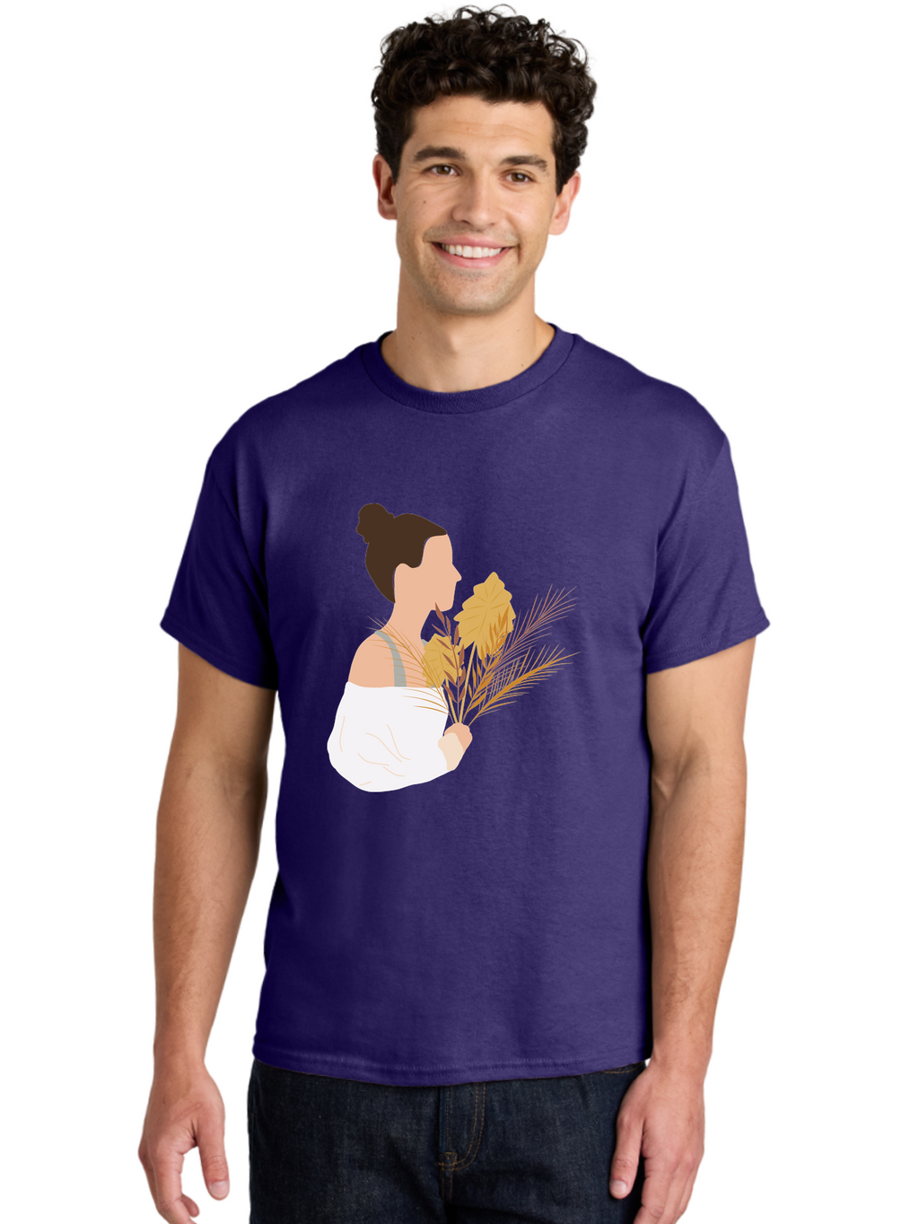 Woman-With-Leaves-1 Men'S Graphic Tee, 100% Cotton, Comfortable Casual Summer Wear, Machine Washable, Woman With Brown Hair Bun, White Shirt, Holding Plants, Golden Leaves, Green Stems, Relaxed Atmosphere, Natural Beauty, Bohemian Style, Aae076