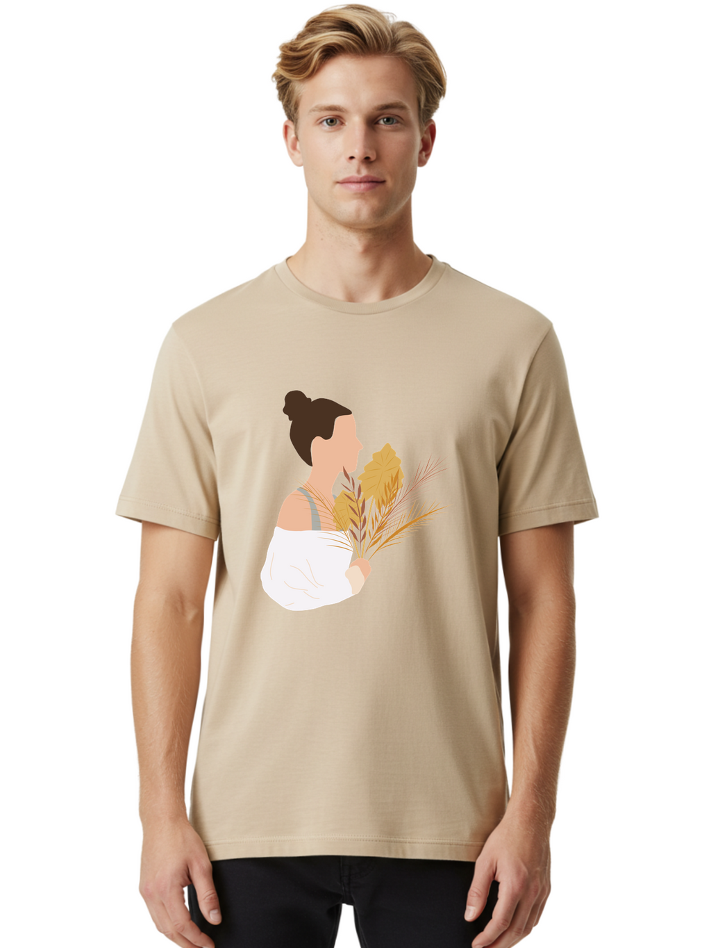 Woman-With-Leaves-1 Men'S Graphic Tee, 100% Cotton, Comfortable Casual Summer Wear, Machine Washable, Woman With Brown Hair Bun, White Shirt, Holding Plants, Golden Leaves, Green Stems, Relaxed Atmosphere, Natural Beauty, Bohemian Style, Aae076