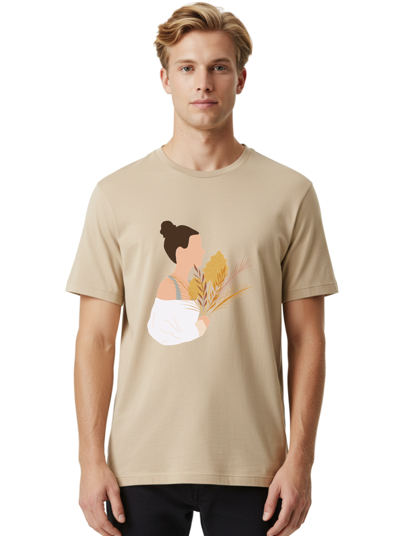 Woman-With-Leaves-1 Men'S Graphic Tee, 100% Cotton, Comfortable Casual Summer Wear, Machine Washable, Woman With Brown Hair Bun, White Shirt, Holding Plants, Golden Leaves, Green Stems, Relaxed Atmosphere, Natural Beauty, Bohemian Style, Aae076
