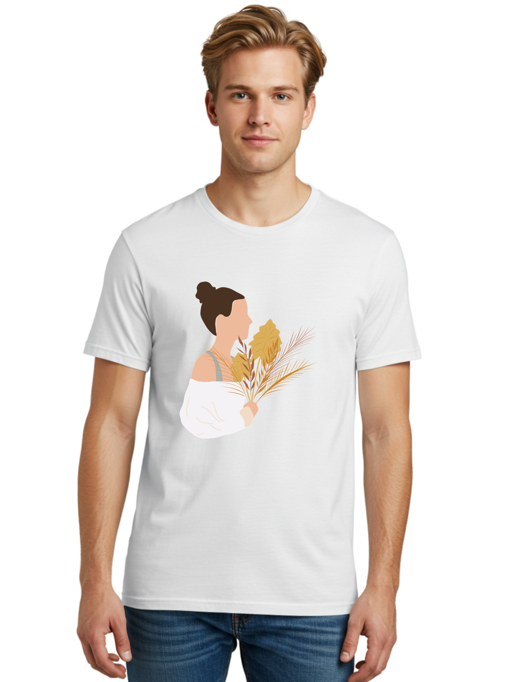 Woman-With-Leaves-1 Men'S Graphic Tee, 100% Cotton, Comfortable Casual Summer Wear, Machine Washable, Woman With Brown Hair Bun, White Shirt, Holding Plants, Golden Leaves, Green Stems, Relaxed Atmosphere, Natural Beauty, Bohemian Style, Aae076