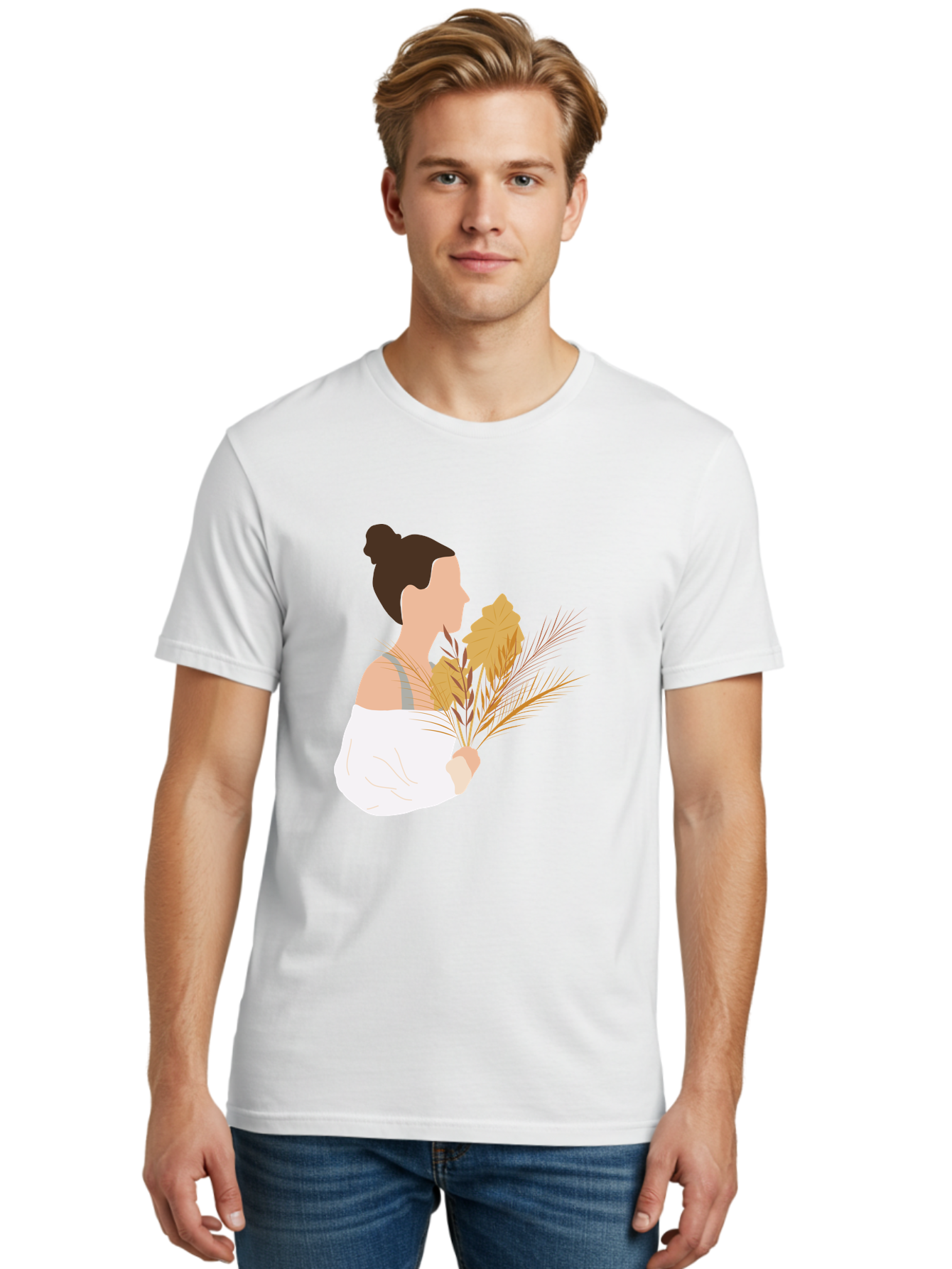 Woman-With-Leaves-1 Men'S Graphic Tee, 100% Cotton, Comfortable Casual Summer Wear, Machine Washable, Woman With Brown Hair Bun, White Shirt, Holding Plants, Golden Leaves, Green Stems, Relaxed Atmosphere, Natural Beauty, Bohemian Style, Aae076