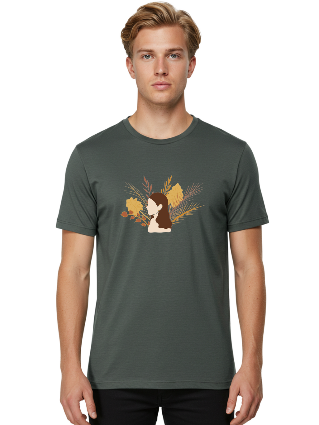 Woman-With-Leaves-2 Men'S Graphic Tee, 100% Cotton, Comfortable Casual Summer Wear, Machine Washable, Woman With Long Hair, Autumn Leaves, Fall Foliage, Nature-Inspired Design, Earthy Tones, Female Figure, Leaves Blowing, Serene Atmosphere, Aae077