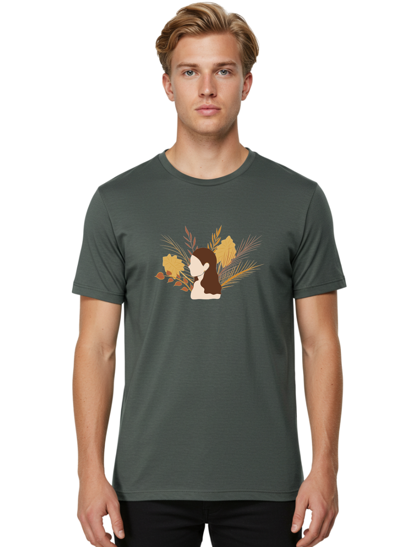 Woman-With-Leaves-2 Men'S Graphic Tee, 100% Cotton, Comfortable Casual Summer Wear, Machine Washable, Woman With Long Hair, Autumn Leaves, Fall Foliage, Nature-Inspired Design, Earthy Tones, Female Figure, Leaves Blowing, Serene Atmosphere, Aae077
