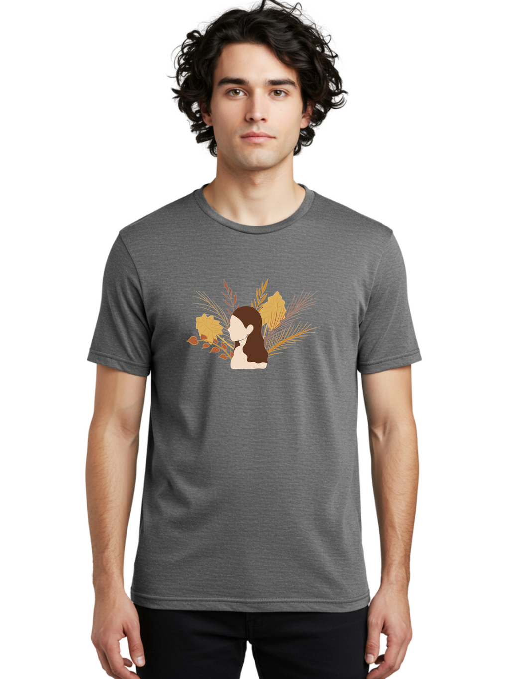 Woman-With-Leaves-2 Men'S Graphic Tee, 100% Cotton, Comfortable Casual Summer Wear, Machine Washable, Woman With Long Hair, Autumn Leaves, Fall Foliage, Nature-Inspired Design, Earthy Tones, Female Figure, Leaves Blowing, Serene Atmosphere, Aae077