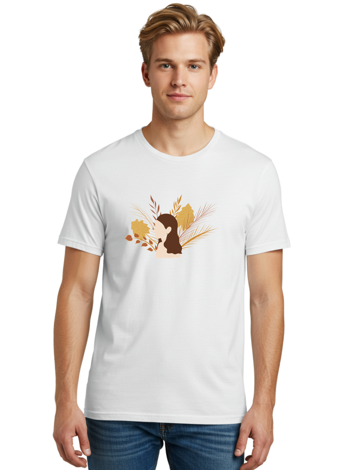 Woman-With-Leaves-2 Men'S Graphic Tee, 100% Cotton, Comfortable Casual Summer Wear, Machine Washable, Woman With Long Hair, Autumn Leaves, Fall Foliage, Nature-Inspired Design, Earthy Tones, Female Figure, Leaves Blowing, Serene Atmosphere, Aae077