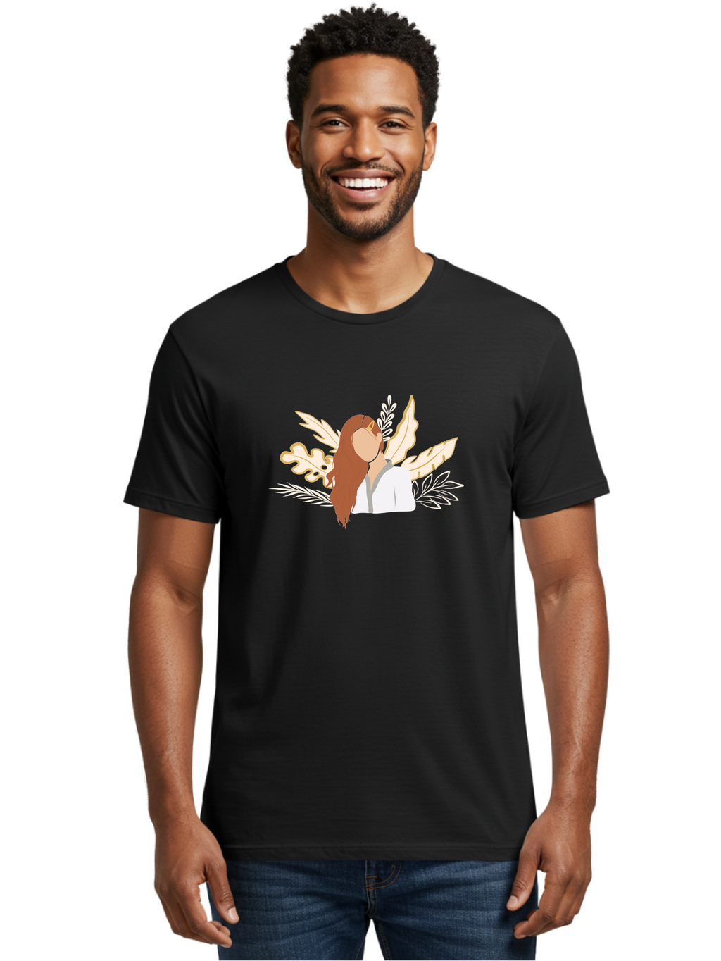 Woman-With-Leaves Men'S Graphic Tee, 100% Cotton, Comfortable Casual Summer Wear, Machine Washable, Woman With Long Hair, Leaves Surrounding Face, Minimalist Illustration, Simple Shapes, Natural Elements, Abstract Portrait, Modern Art, Aae078