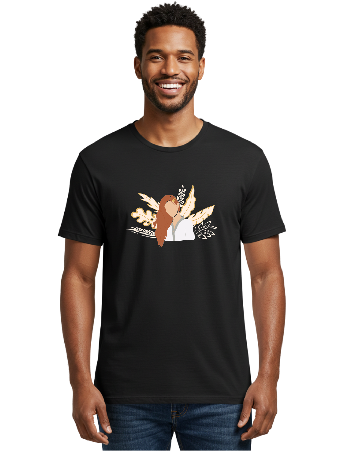 Woman-With-Leaves Men'S Graphic Tee, 100% Cotton, Comfortable Casual Summer Wear, Machine Washable, Woman With Long Hair, Leaves Surrounding Face, Minimalist Illustration, Simple Shapes, Natural Elements, Abstract Portrait, Modern Art, Aae078