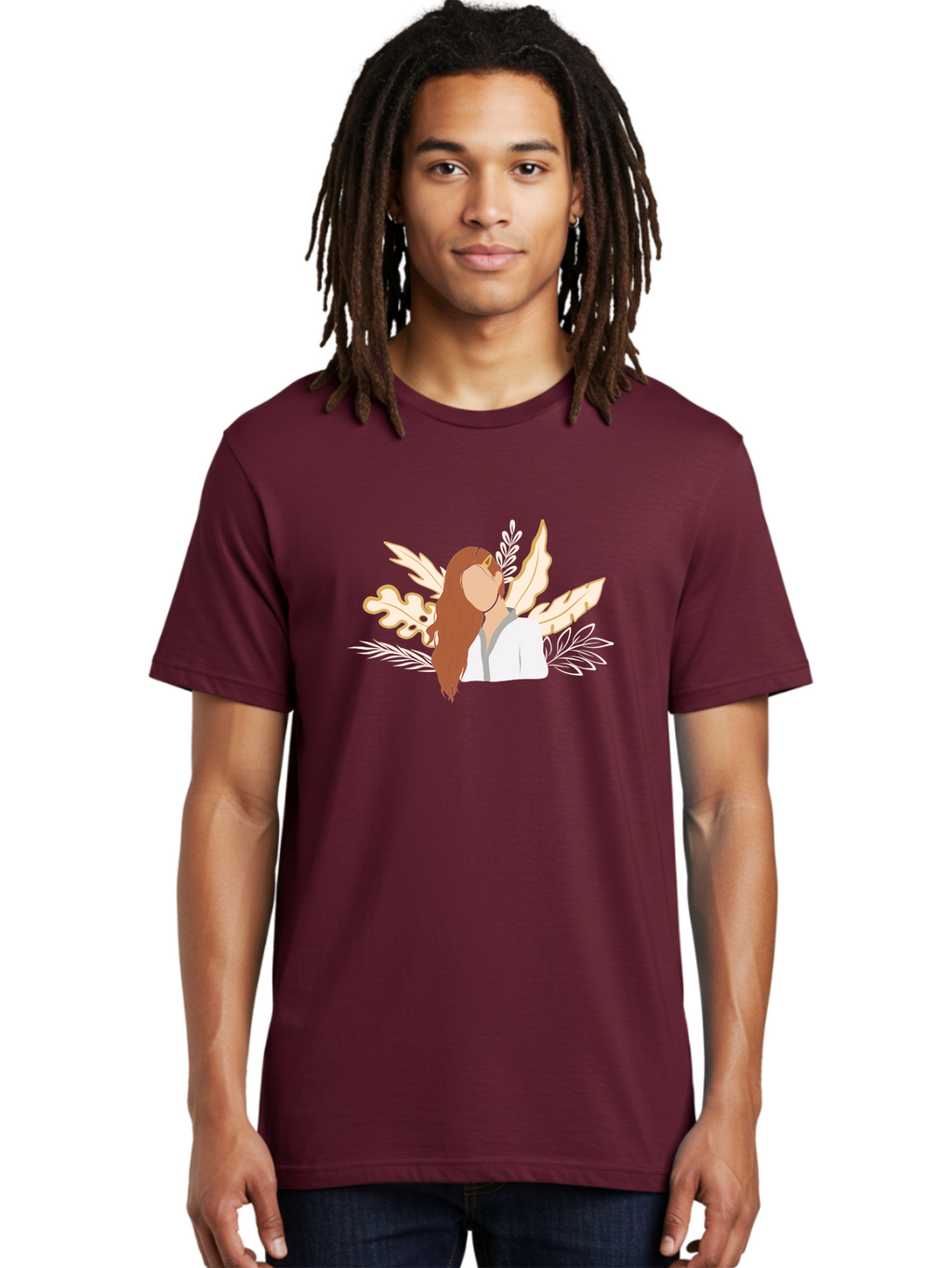 Woman-With-Leaves Men'S Graphic Tee, 100% Cotton, Comfortable Casual Summer Wear, Machine Washable, Woman With Long Hair, Leaves Surrounding Face, Minimalist Illustration, Simple Shapes, Natural Elements, Abstract Portrait, Modern Art, Aae078