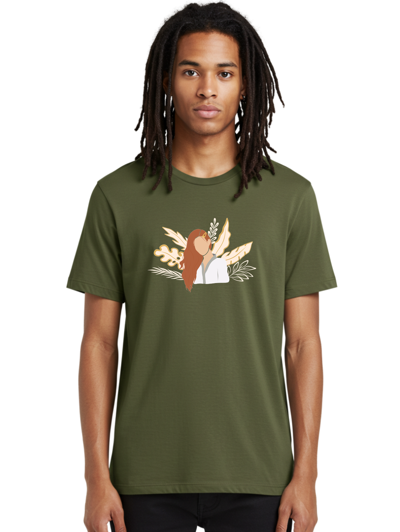 Woman-With-Leaves Men'S Graphic Tee, 100% Cotton, Comfortable Casual Summer Wear, Machine Washable, Woman With Long Hair, Leaves Surrounding Face, Minimalist Illustration, Simple Shapes, Natural Elements, Abstract Portrait, Modern Art, Aae078