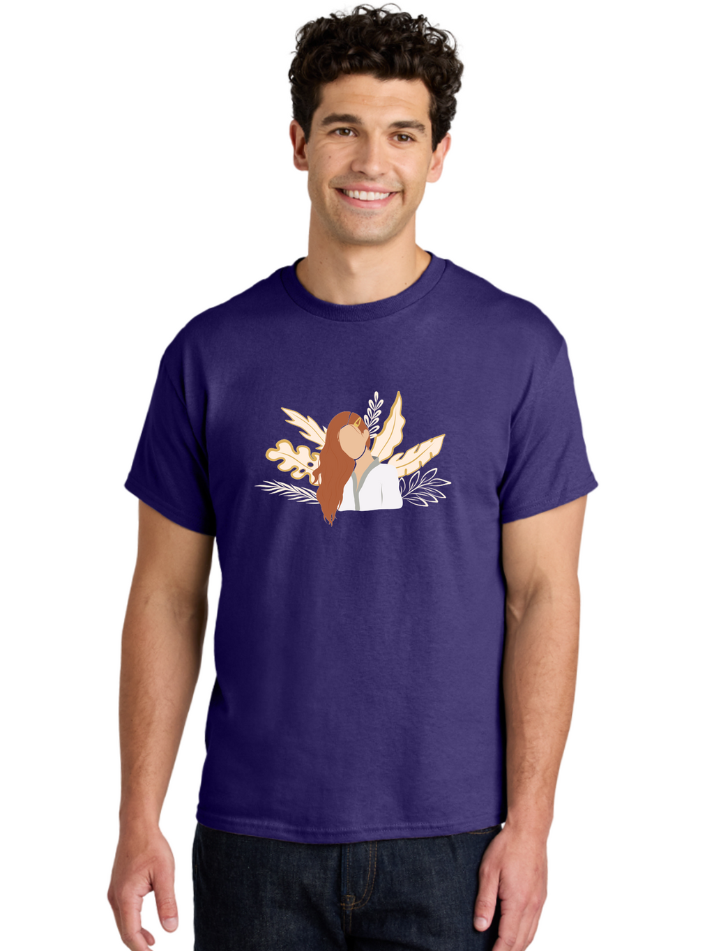 Woman-With-Leaves Men'S Graphic Tee, 100% Cotton, Comfortable Casual Summer Wear, Machine Washable, Woman With Long Hair, Leaves Surrounding Face, Minimalist Illustration, Simple Shapes, Natural Elements, Abstract Portrait, Modern Art, Aae078
