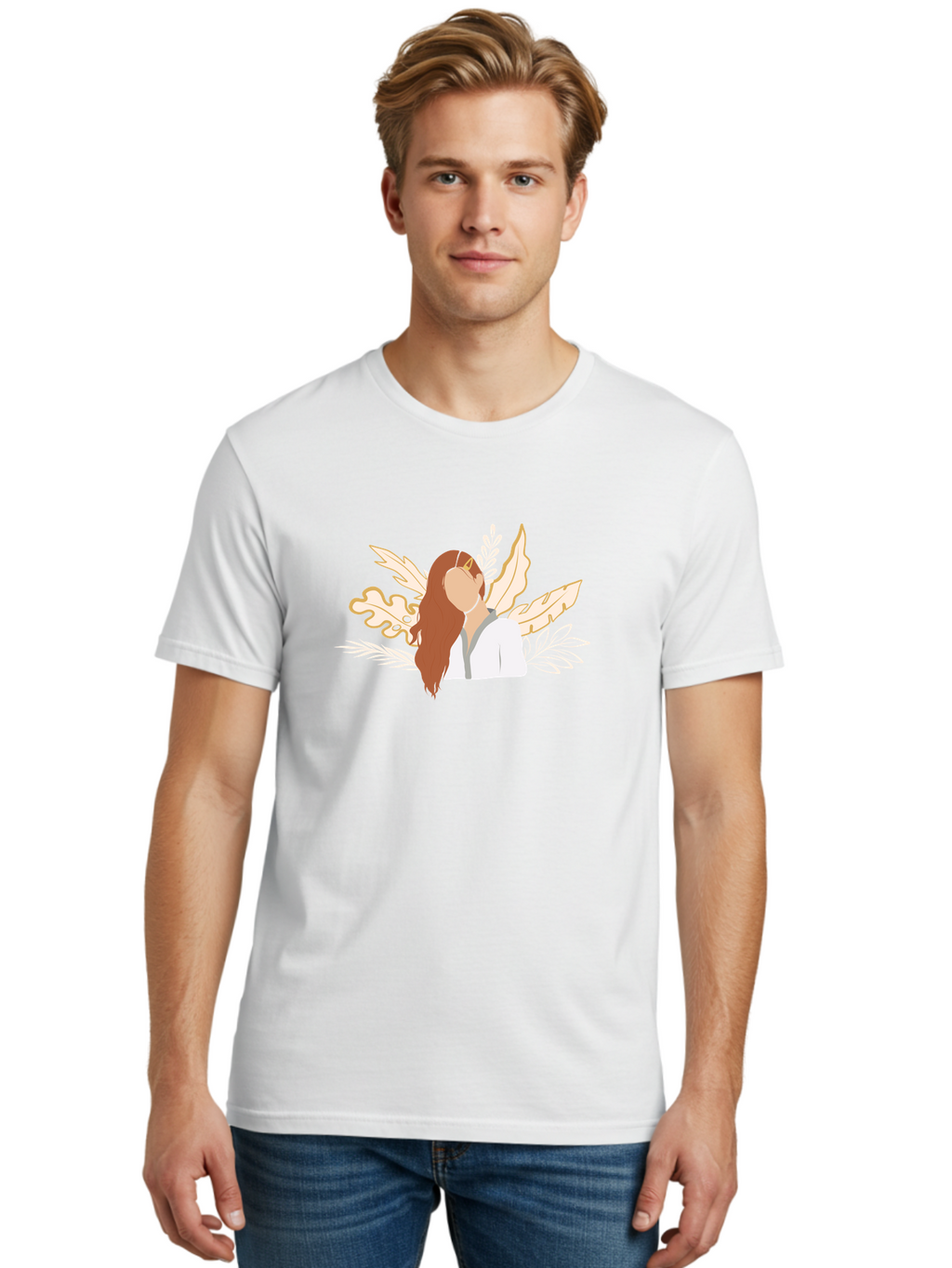 Woman-With-Leaves Men'S Graphic Tee, 100% Cotton, Comfortable Casual Summer Wear, Machine Washable, Woman With Long Hair, Leaves Surrounding Face, Minimalist Illustration, Simple Shapes, Natural Elements, Abstract Portrait, Modern Art, Aae078