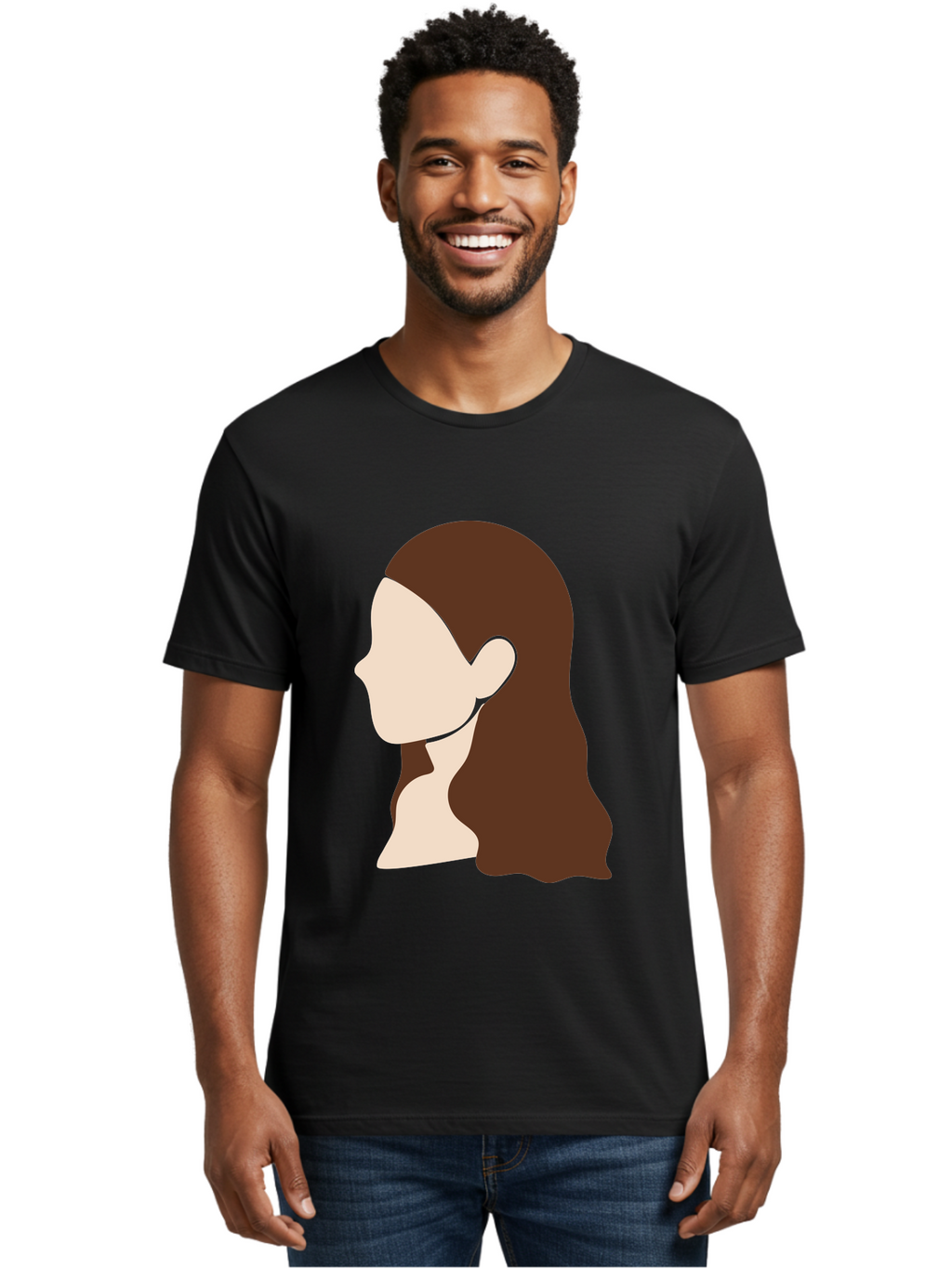 Woman-With-Long-Hair-1 Men'S Graphic Tee, 100% Cotton, Comfortable Casual Summer Wear, Machine Washable, Female Profile, Long Brown Hair, Minimalist Illustration, Simple Graphics, Profile View, Elegant Hairstyle, Digital Art, Aae079