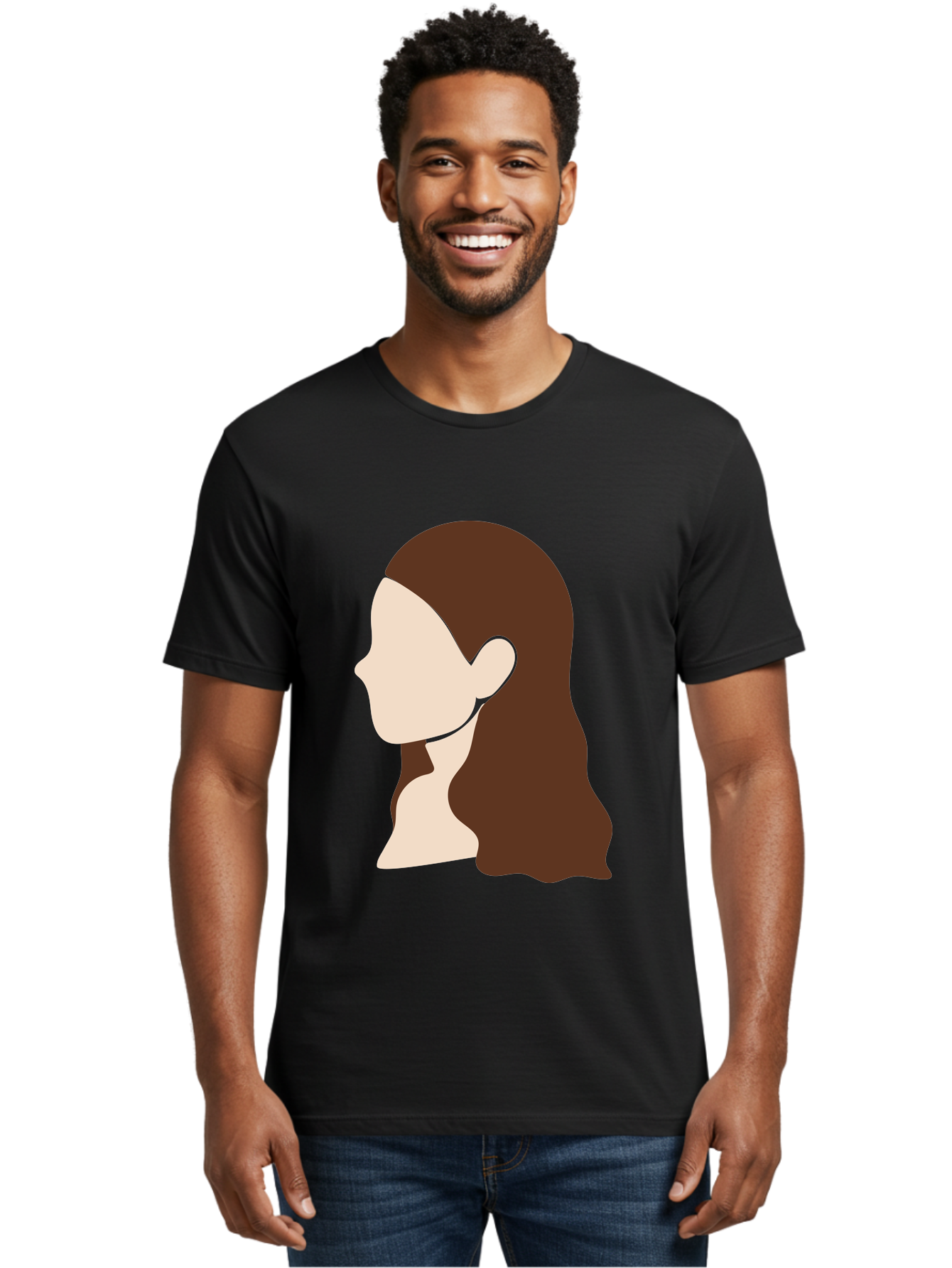 Woman-With-Long-Hair-1 Men'S Graphic Tee, 100% Cotton, Comfortable Casual Summer Wear, Machine Washable, Female Profile, Long Brown Hair, Minimalist Illustration, Simple Graphics, Profile View, Elegant Hairstyle, Digital Art, Aae079
