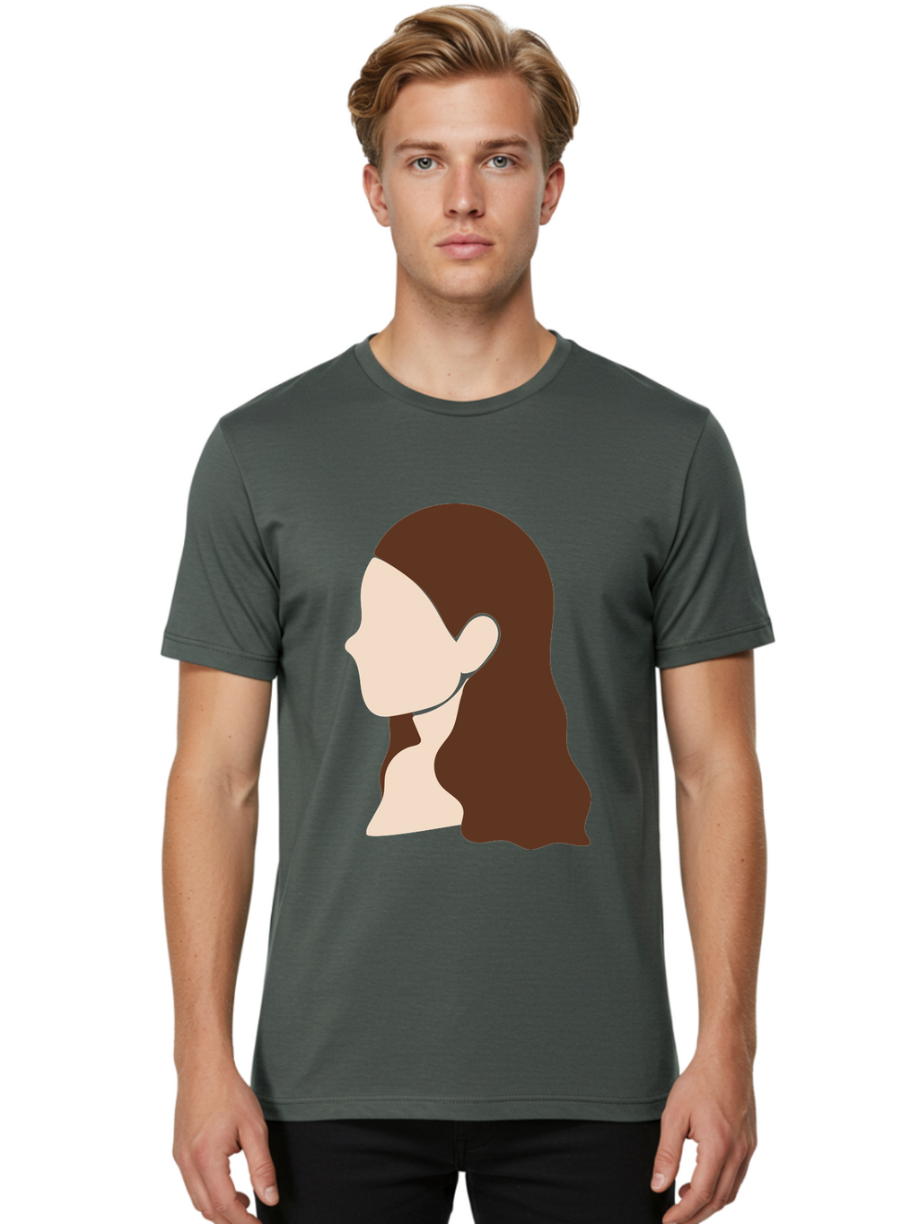 Woman-With-Long-Hair-1 Men'S Graphic Tee, 100% Cotton, Comfortable Casual Summer Wear, Machine Washable, Female Profile, Long Brown Hair, Minimalist Illustration, Simple Graphics, Profile View, Elegant Hairstyle, Digital Art, Aae079