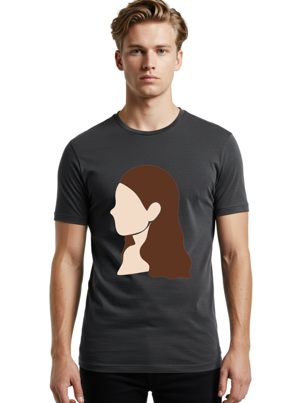 Woman-With-Long-Hair-1 Men'S Graphic Tee, 100% Cotton, Comfortable Casual Summer Wear, Machine Washable, Female Profile, Long Brown Hair, Minimalist Illustration, Simple Graphics, Profile View, Elegant Hairstyle, Digital Art, Aae079