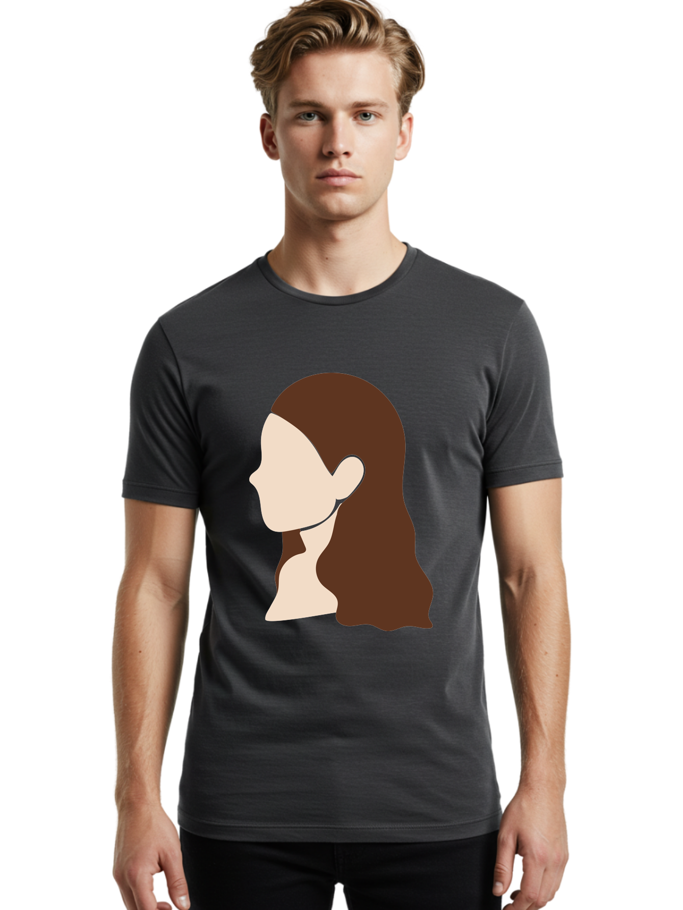 Woman-With-Long-Hair-1 Men'S Graphic Tee, 100% Cotton, Comfortable Casual Summer Wear, Machine Washable, Female Profile, Long Brown Hair, Minimalist Illustration, Simple Graphics, Profile View, Elegant Hairstyle, Digital Art, Aae079