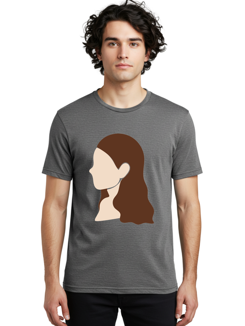 Woman-With-Long-Hair-1 Men'S Graphic Tee, 100% Cotton, Comfortable Casual Summer Wear, Machine Washable, Female Profile, Long Brown Hair, Minimalist Illustration, Simple Graphics, Profile View, Elegant Hairstyle, Digital Art, Aae079