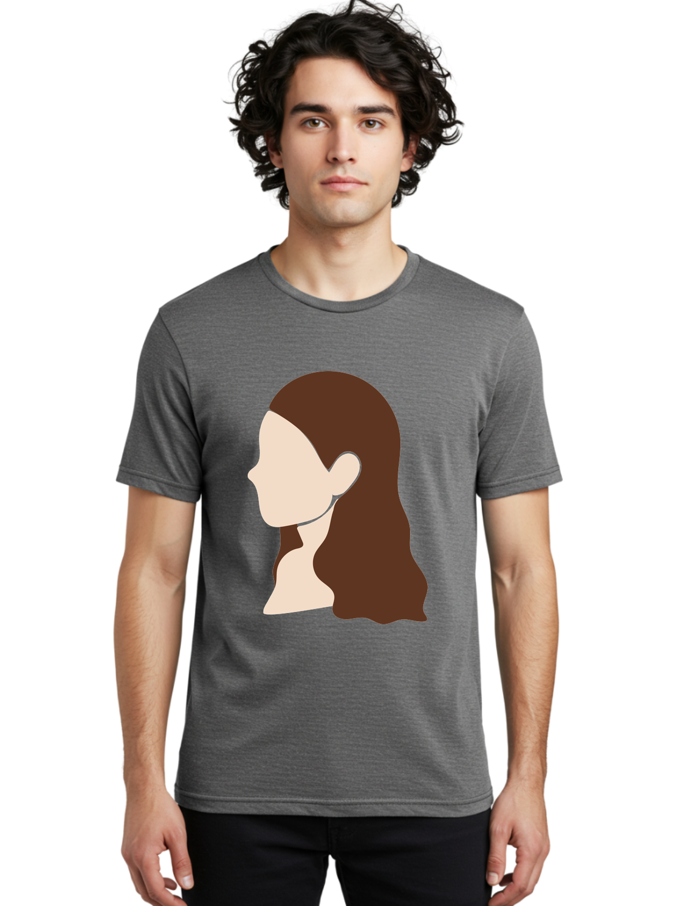 Woman-With-Long-Hair-1 Men'S Graphic Tee, 100% Cotton, Comfortable Casual Summer Wear, Machine Washable, Female Profile, Long Brown Hair, Minimalist Illustration, Simple Graphics, Profile View, Elegant Hairstyle, Digital Art, Aae079