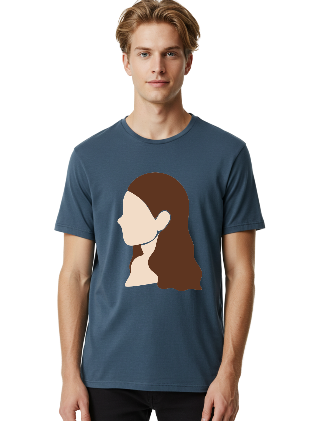 Woman-With-Long-Hair-1 Men'S Graphic Tee, 100% Cotton, Comfortable Casual Summer Wear, Machine Washable, Female Profile, Long Brown Hair, Minimalist Illustration, Simple Graphics, Profile View, Elegant Hairstyle, Digital Art, Aae079