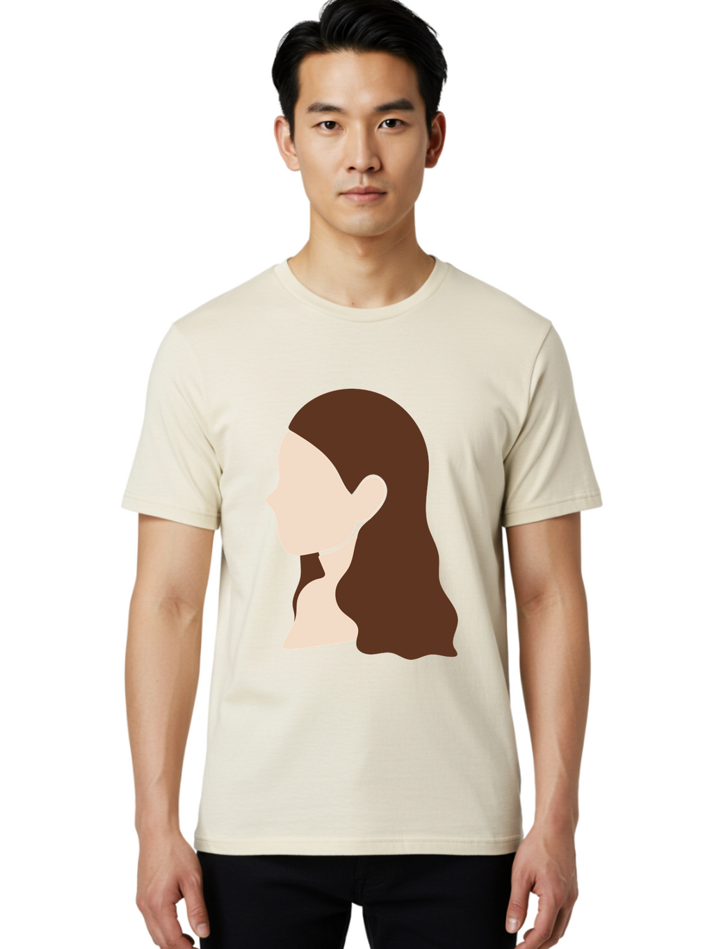 Woman-With-Long-Hair-1 Men'S Graphic Tee, 100% Cotton, Comfortable Casual Summer Wear, Machine Washable, Female Profile, Long Brown Hair, Minimalist Illustration, Simple Graphics, Profile View, Elegant Hairstyle, Digital Art, Aae079