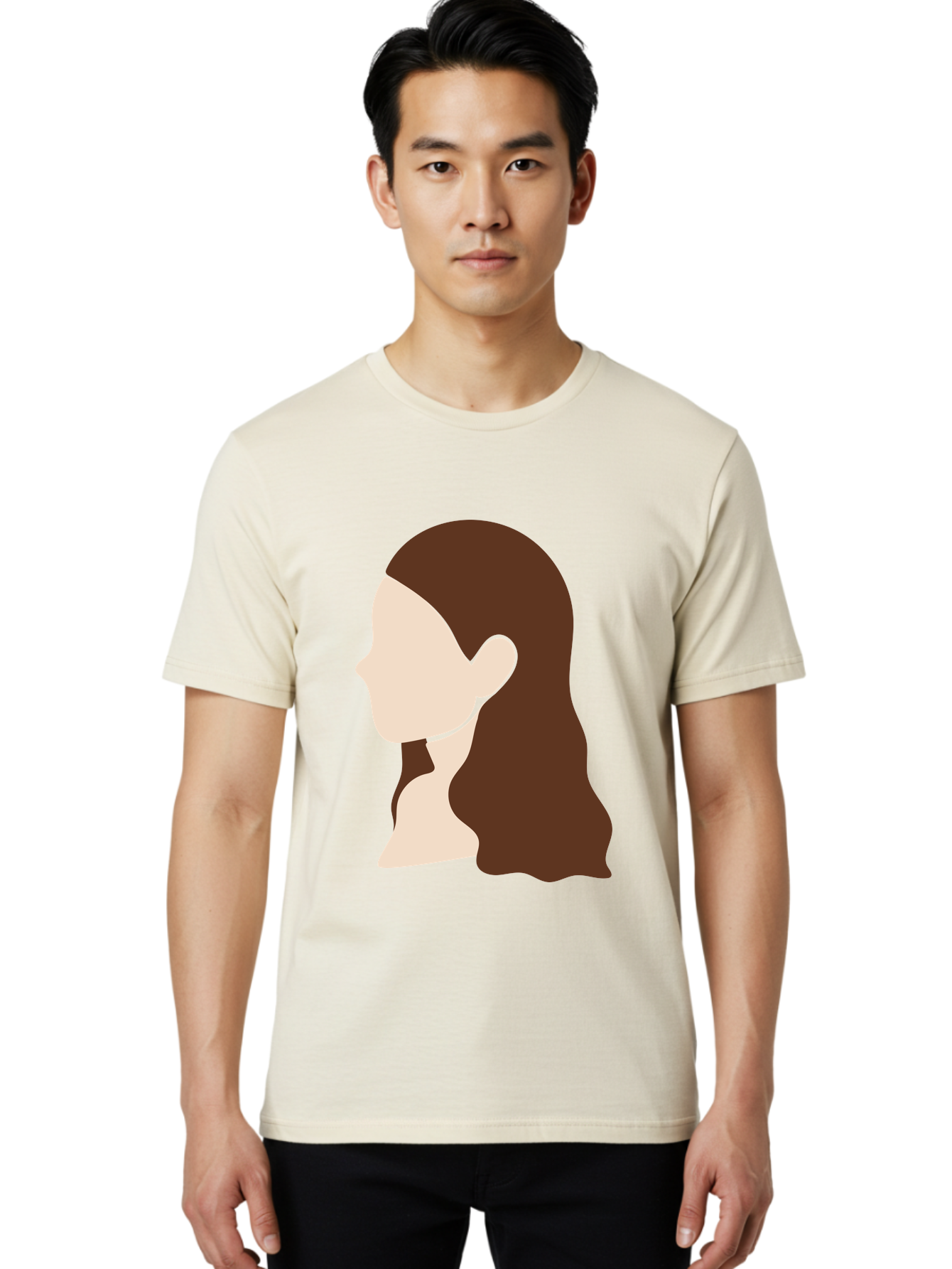 Woman-With-Long-Hair-1 Men'S Graphic Tee, 100% Cotton, Comfortable Casual Summer Wear, Machine Washable, Female Profile, Long Brown Hair, Minimalist Illustration, Simple Graphics, Profile View, Elegant Hairstyle, Digital Art, Aae079