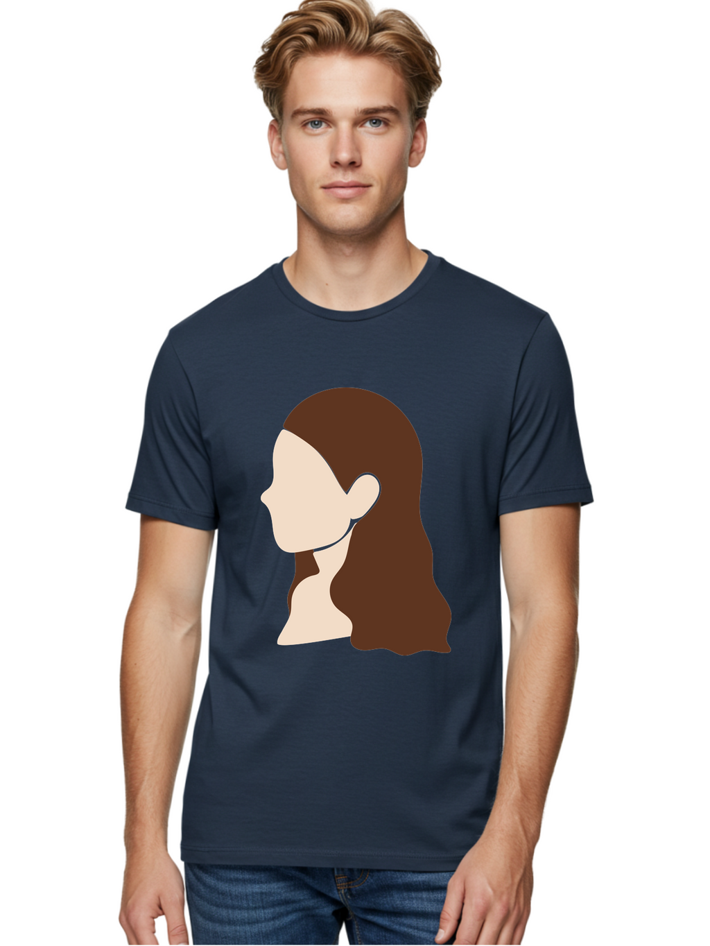 Woman-With-Long-Hair-1 Men'S Graphic Tee, 100% Cotton, Comfortable Casual Summer Wear, Machine Washable, Female Profile, Long Brown Hair, Minimalist Illustration, Simple Graphics, Profile View, Elegant Hairstyle, Digital Art, Aae079