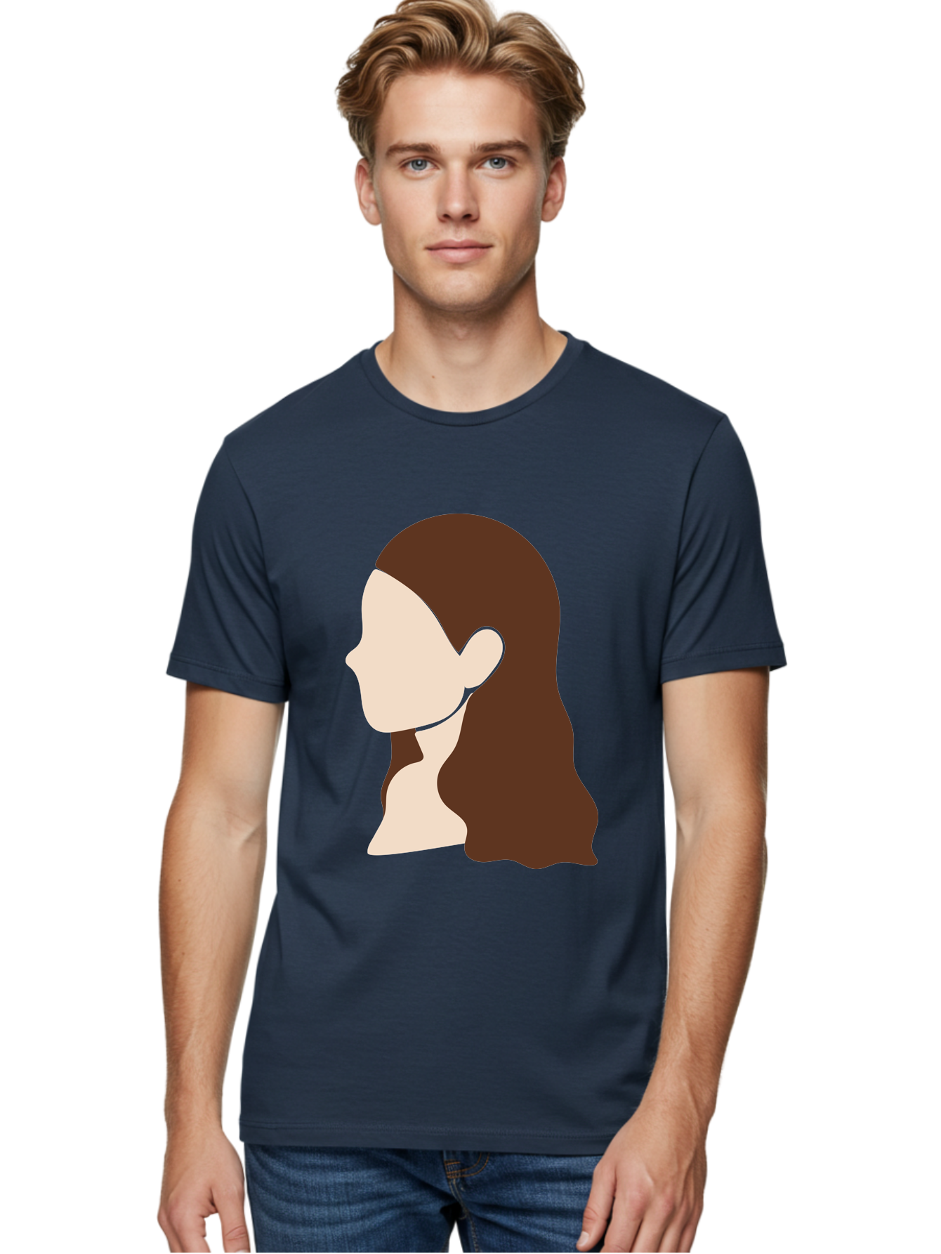 Woman-With-Long-Hair-1 Men'S Graphic Tee, 100% Cotton, Comfortable Casual Summer Wear, Machine Washable, Female Profile, Long Brown Hair, Minimalist Illustration, Simple Graphics, Profile View, Elegant Hairstyle, Digital Art, Aae079