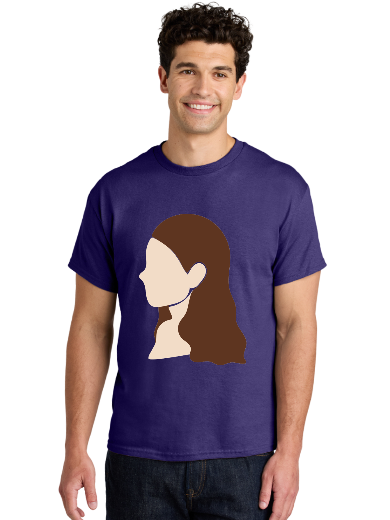 Woman-With-Long-Hair-1 Men'S Graphic Tee, 100% Cotton, Comfortable Casual Summer Wear, Machine Washable, Female Profile, Long Brown Hair, Minimalist Illustration, Simple Graphics, Profile View, Elegant Hairstyle, Digital Art, Aae079
