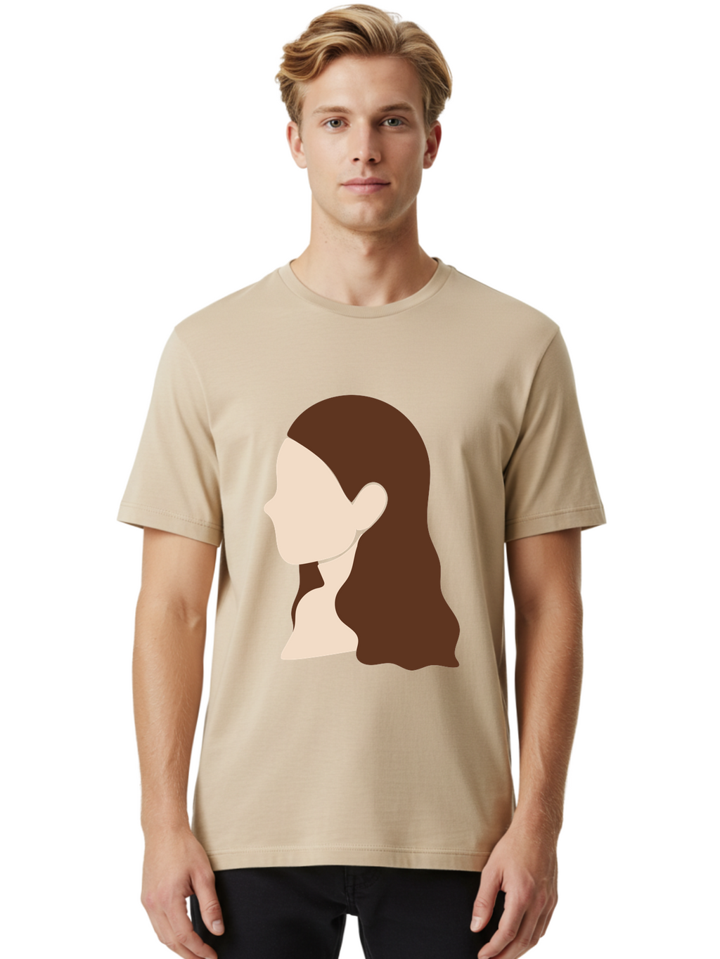 Woman-With-Long-Hair-1 Men'S Graphic Tee, 100% Cotton, Comfortable Casual Summer Wear, Machine Washable, Female Profile, Long Brown Hair, Minimalist Illustration, Simple Graphics, Profile View, Elegant Hairstyle, Digital Art, Aae079