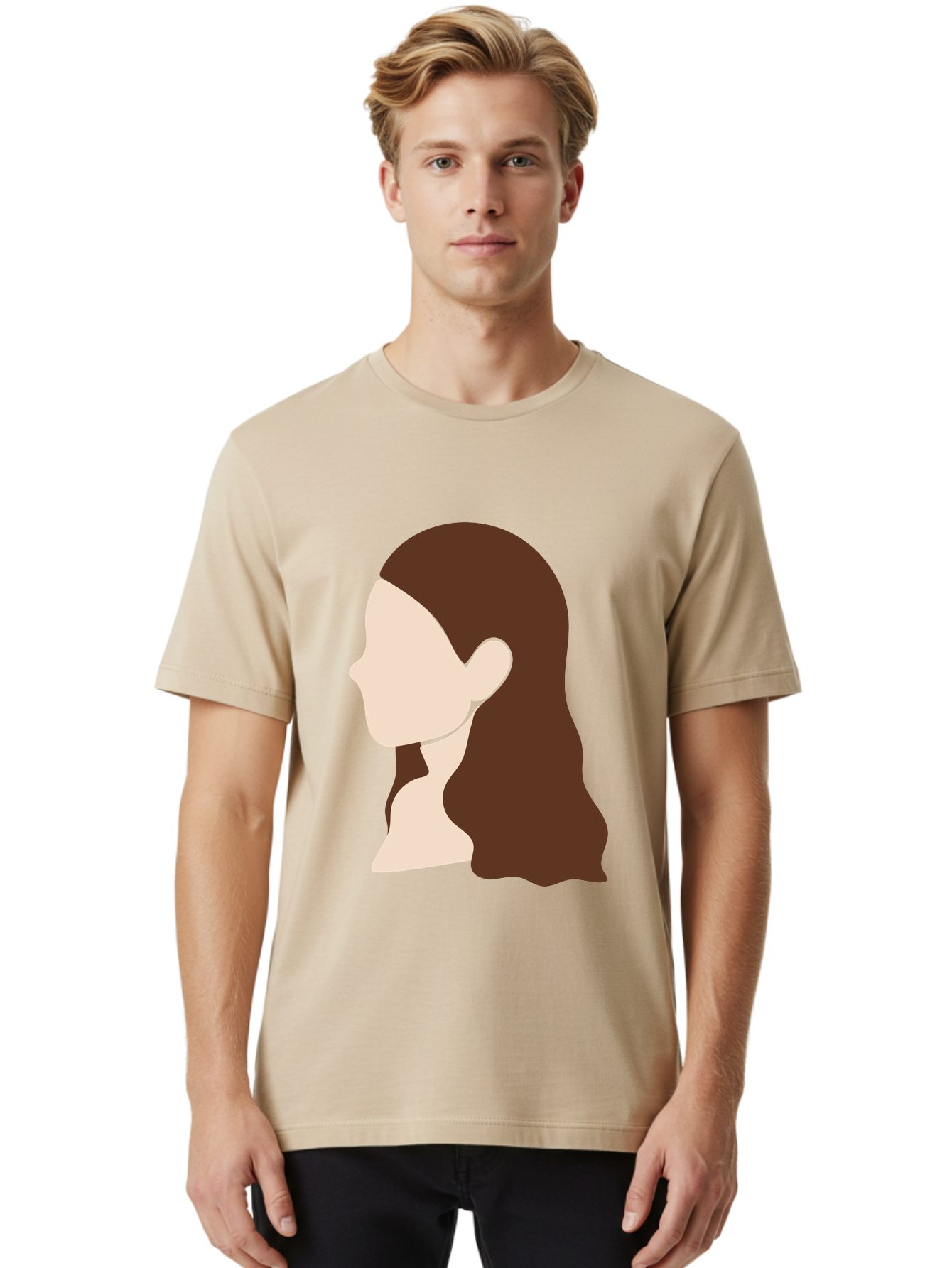 Woman-With-Long-Hair-1 Men'S Graphic Tee, 100% Cotton, Comfortable Casual Summer Wear, Machine Washable, Female Profile, Long Brown Hair, Minimalist Illustration, Simple Graphics, Profile View, Elegant Hairstyle, Digital Art, Aae079
