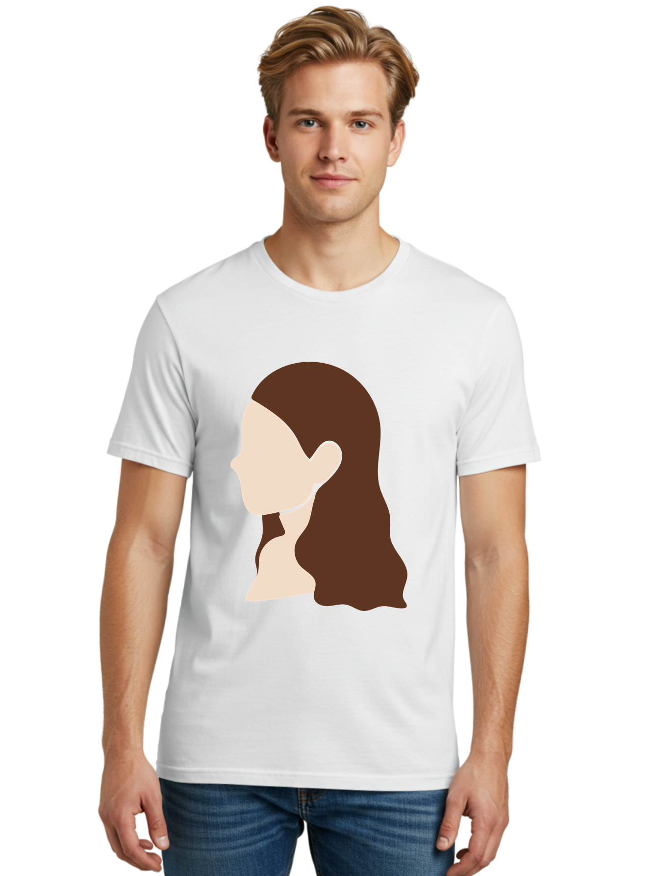 Woman-With-Long-Hair-1 Men'S Graphic Tee, 100% Cotton, Comfortable Casual Summer Wear, Machine Washable, Female Profile, Long Brown Hair, Minimalist Illustration, Simple Graphics, Profile View, Elegant Hairstyle, Digital Art, Aae079