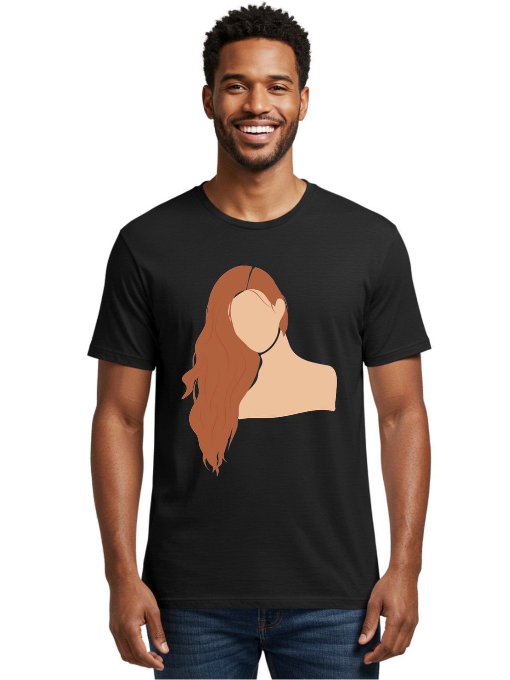 Woman-With-Long-Hair Men'S Graphic Tee, 100% Cotton, Comfortable Casual Summer Wear, Machine Washable, Woman With Long Hair, Red Hair, Shoulder-Length Locks, Faceless Portrait, Minimalist Art, Simple Shapes, Elegant Hairstyle, Aae081