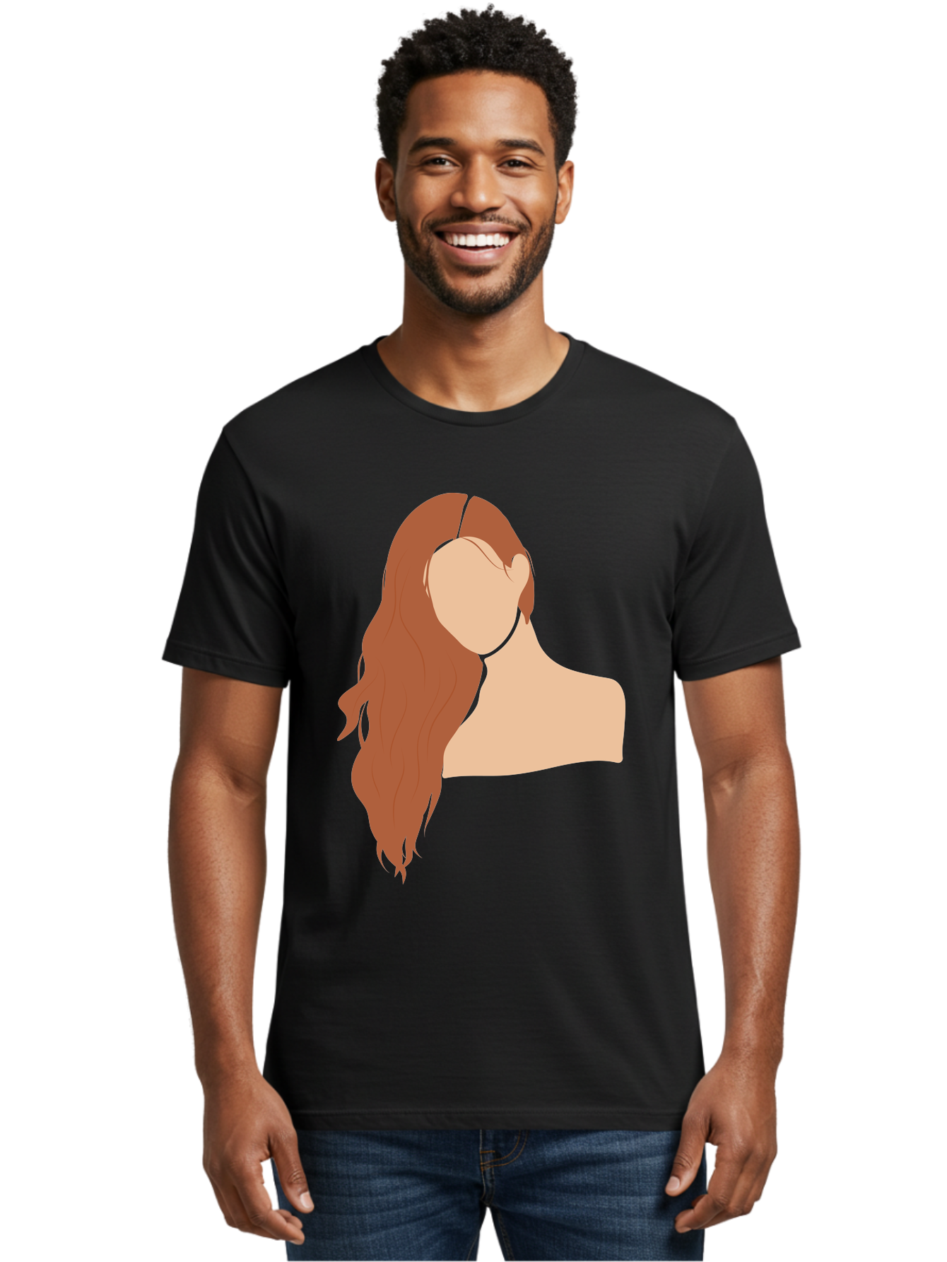 Woman-With-Long-Hair Men'S Graphic Tee, 100% Cotton, Comfortable Casual Summer Wear, Machine Washable, Woman With Long Hair, Red Hair, Shoulder-Length Locks, Faceless Portrait, Minimalist Art, Simple Shapes, Elegant Hairstyle, Aae081