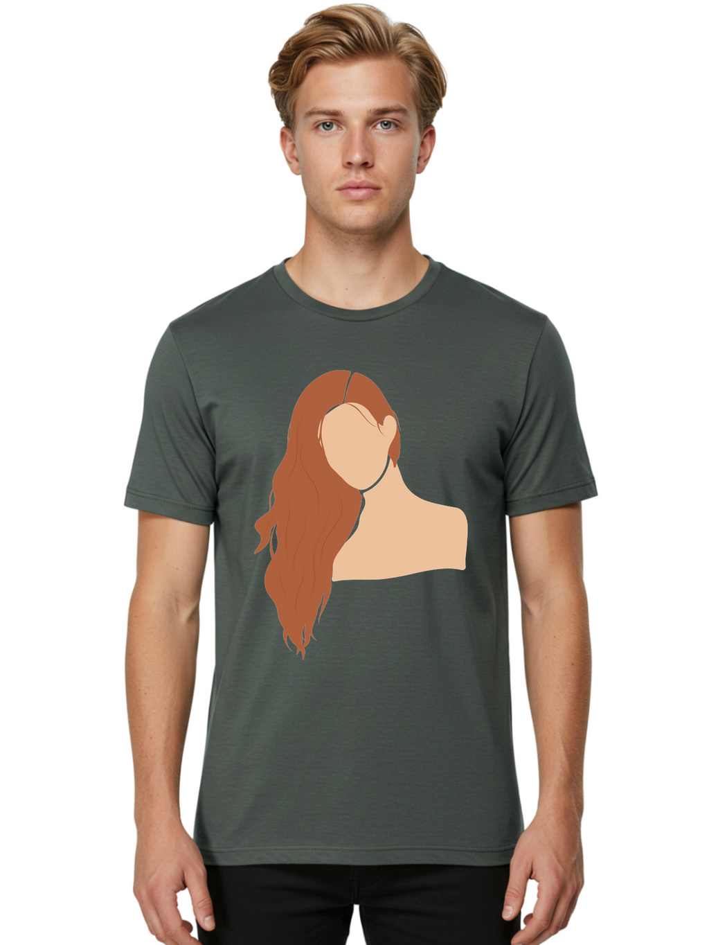 Woman-With-Long-Hair Men'S Graphic Tee, 100% Cotton, Comfortable Casual Summer Wear, Machine Washable, Woman With Long Hair, Red Hair, Shoulder-Length Locks, Faceless Portrait, Minimalist Art, Simple Shapes, Elegant Hairstyle, Aae081