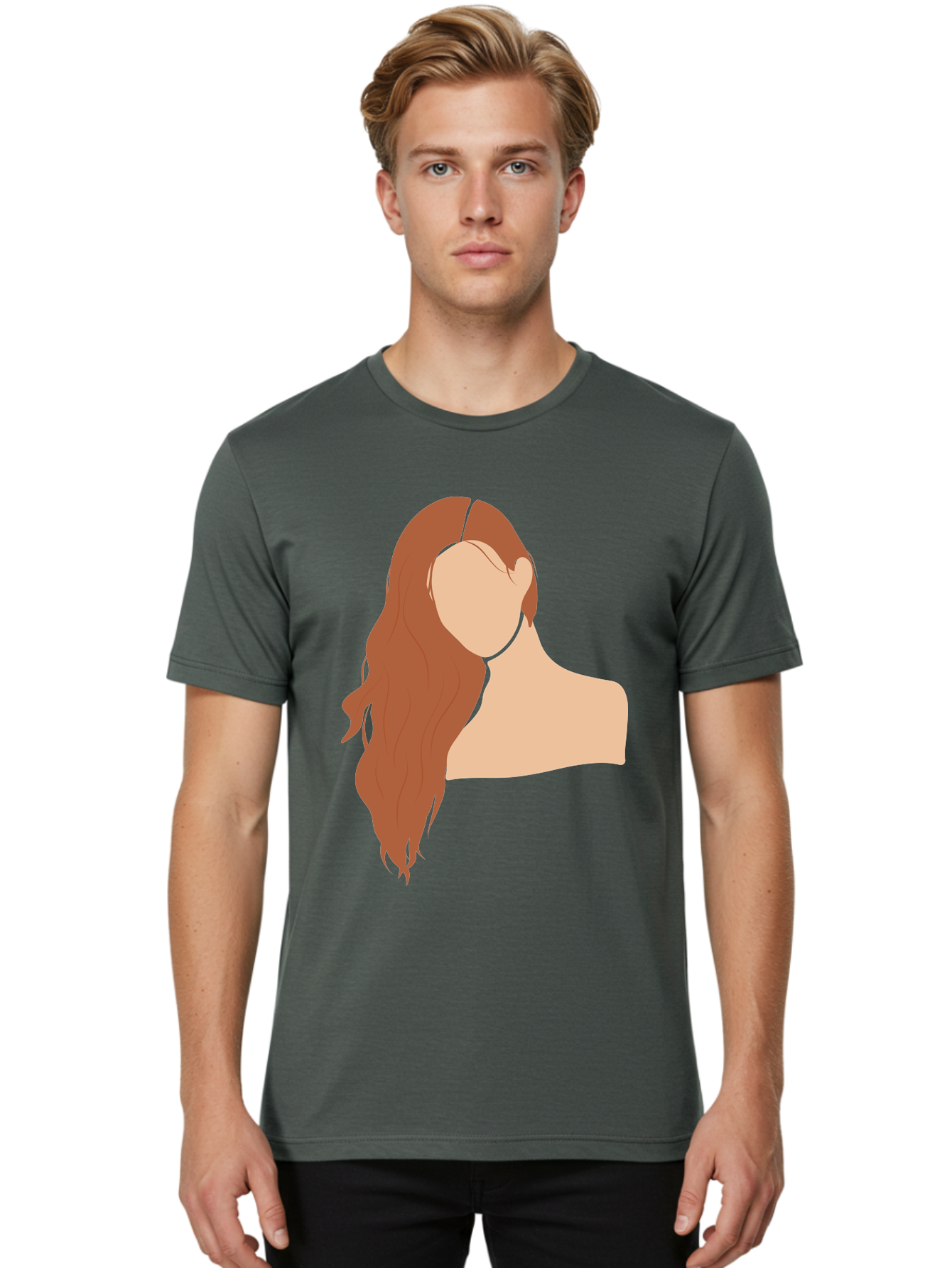 Woman-With-Long-Hair Men'S Graphic Tee, 100% Cotton, Comfortable Casual Summer Wear, Machine Washable, Woman With Long Hair, Red Hair, Shoulder-Length Locks, Faceless Portrait, Minimalist Art, Simple Shapes, Elegant Hairstyle, Aae081