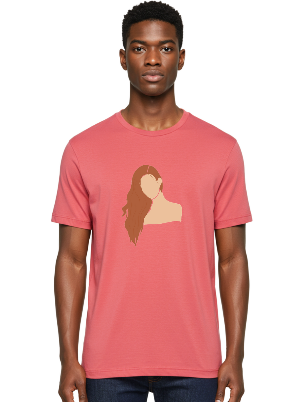 Woman-With-Long-Hair Men'S Graphic Tee, 100% Cotton, Comfortable Casual Summer Wear, Machine Washable, Woman With Long Hair, Red Hair, Shoulder-Length Locks, Faceless Portrait, Minimalist Art, Simple Shapes, Elegant Hairstyle, Aae081