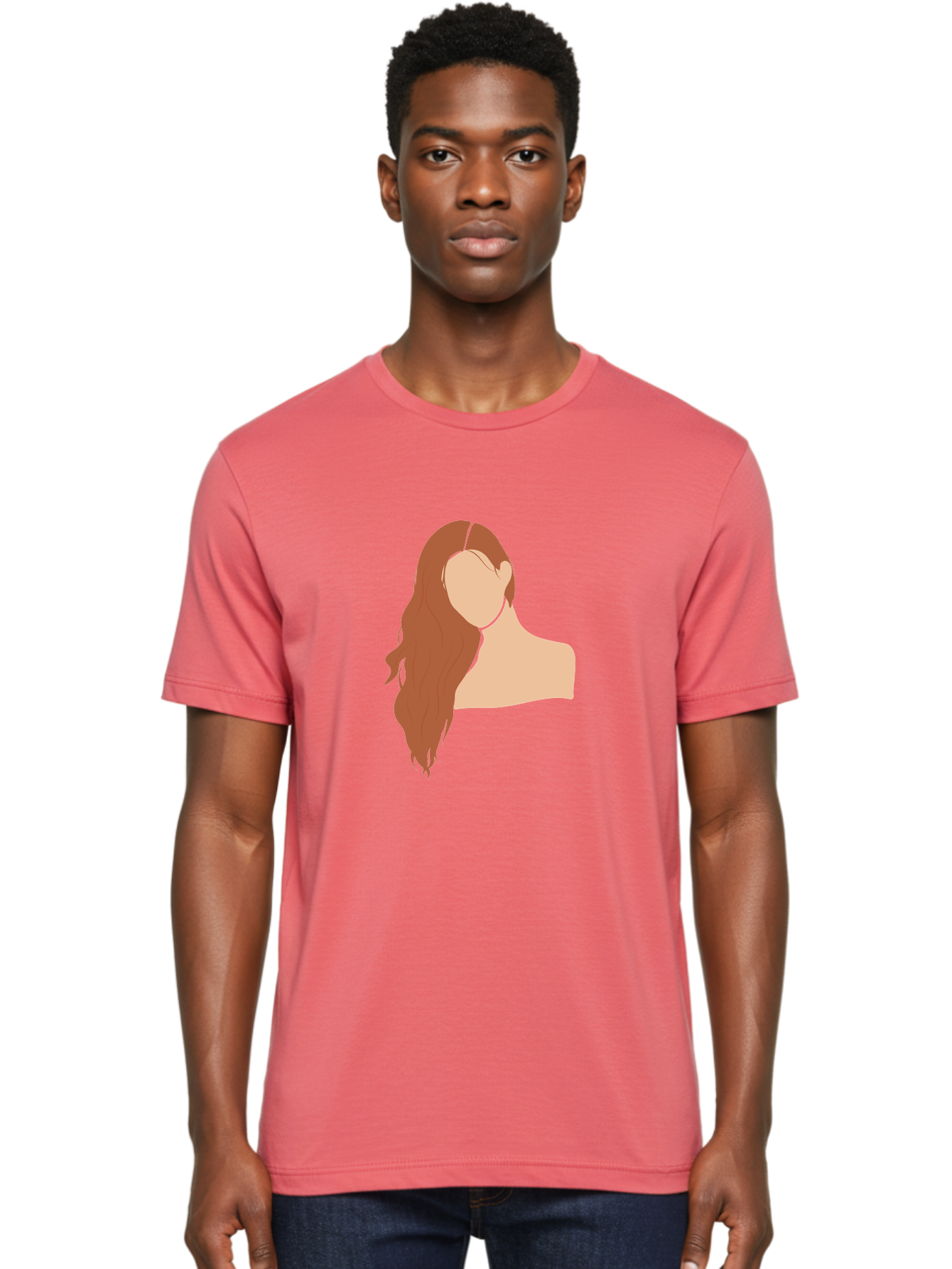 Woman-With-Long-Hair Men'S Graphic Tee, 100% Cotton, Comfortable Casual Summer Wear, Machine Washable, Woman With Long Hair, Red Hair, Shoulder-Length Locks, Faceless Portrait, Minimalist Art, Simple Shapes, Elegant Hairstyle, Aae081