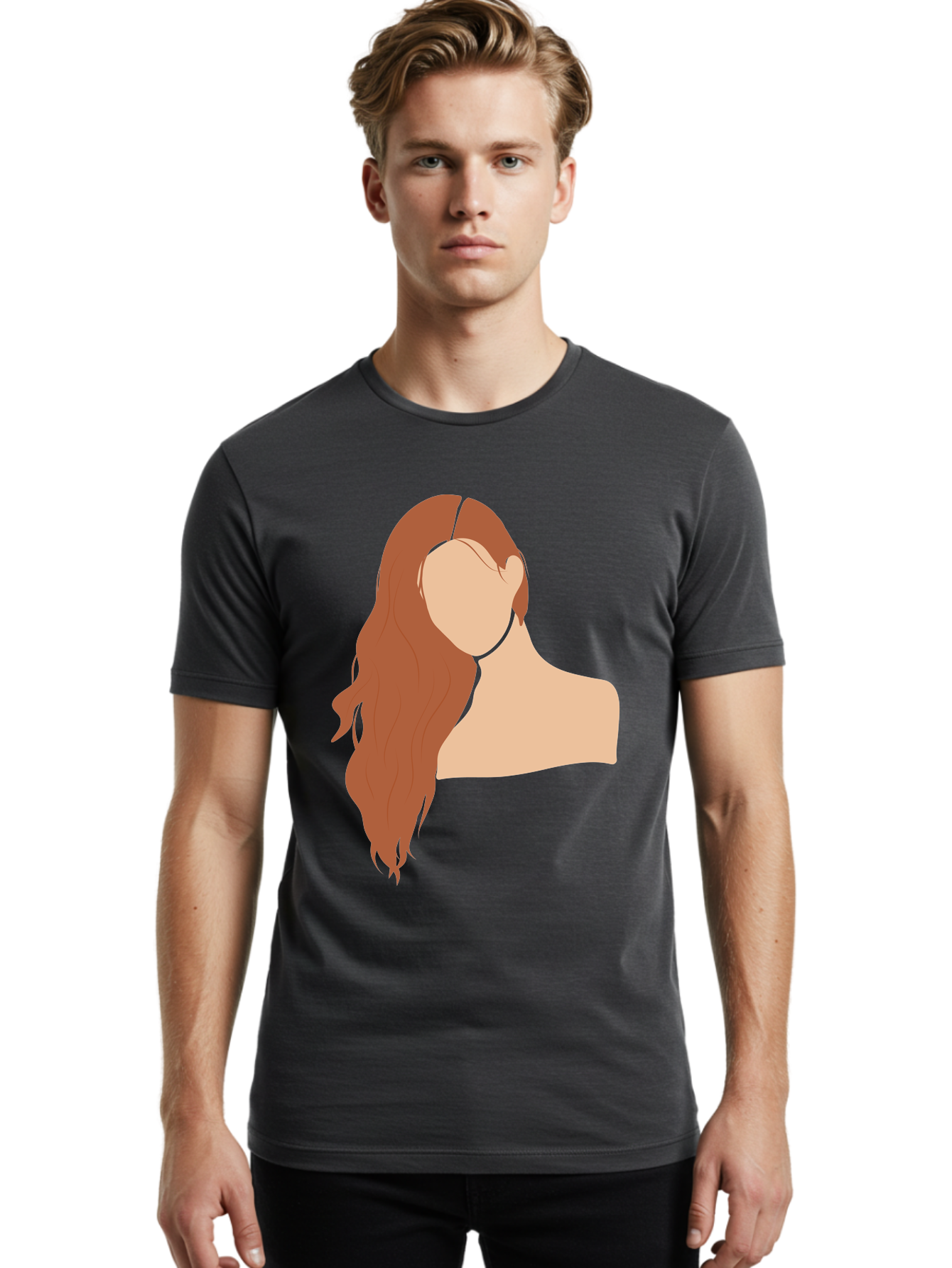 Woman-With-Long-Hair Men'S Graphic Tee, 100% Cotton, Comfortable Casual Summer Wear, Machine Washable, Woman With Long Hair, Red Hair, Shoulder-Length Locks, Faceless Portrait, Minimalist Art, Simple Shapes, Elegant Hairstyle, Aae081