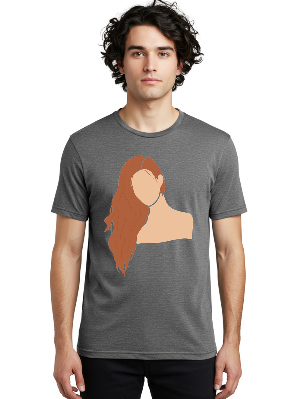 Woman-With-Long-Hair Men'S Graphic Tee, 100% Cotton, Comfortable Casual Summer Wear, Machine Washable, Woman With Long Hair, Red Hair, Shoulder-Length Locks, Faceless Portrait, Minimalist Art, Simple Shapes, Elegant Hairstyle, Aae081